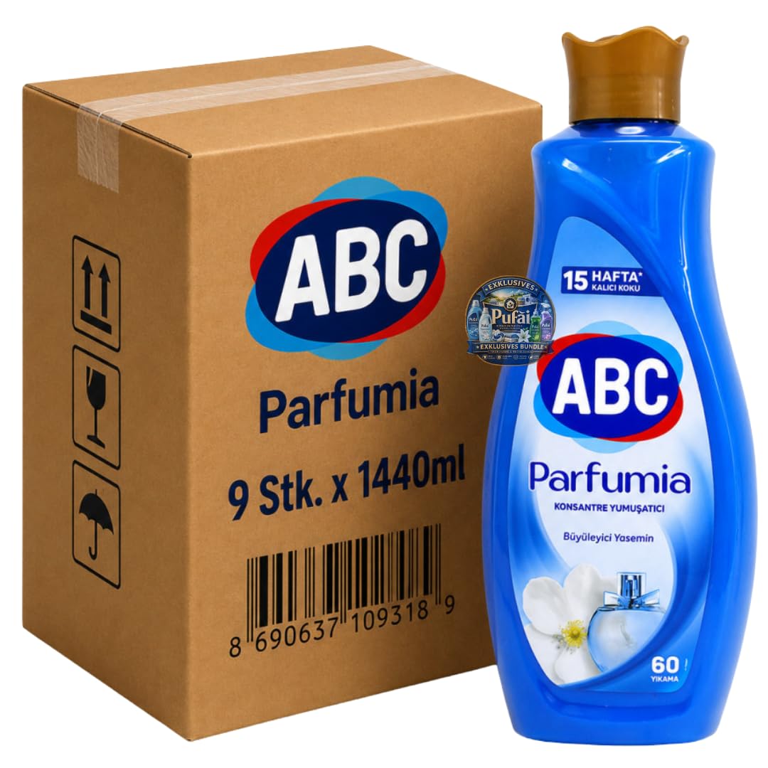 PUFAI Bundle – ABC Weichspüler Parfumia Jasmin – Duftender Weichspüler für weiche Wäsche, 1440ml, 9 Stück