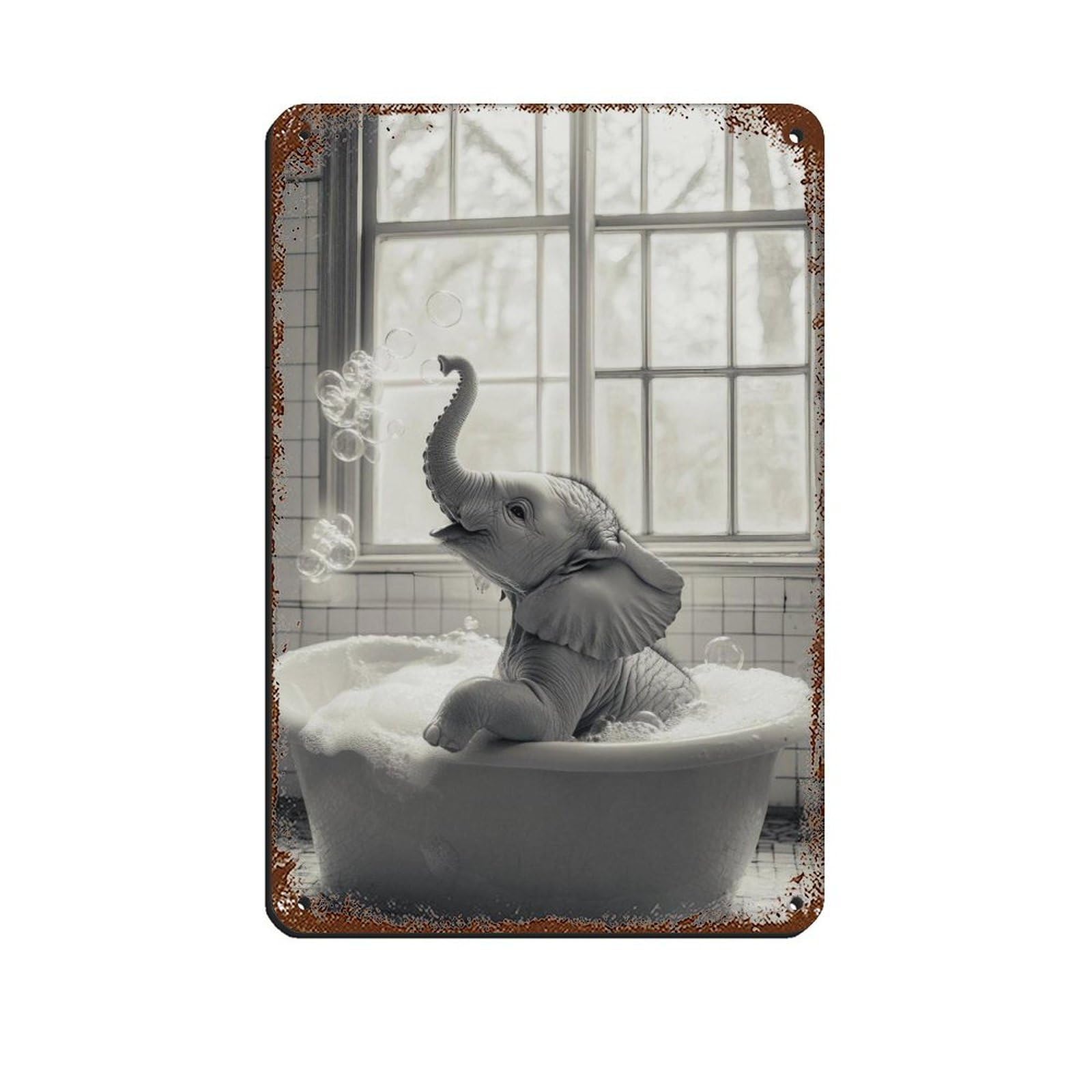 Adorable Elephant,Baby Elephant in Bathtub Tin Sign Vintage Metal Pub Club Cafe Bar Home Wall Art Decoration Poster Retro 8x12inch(20x30cm)