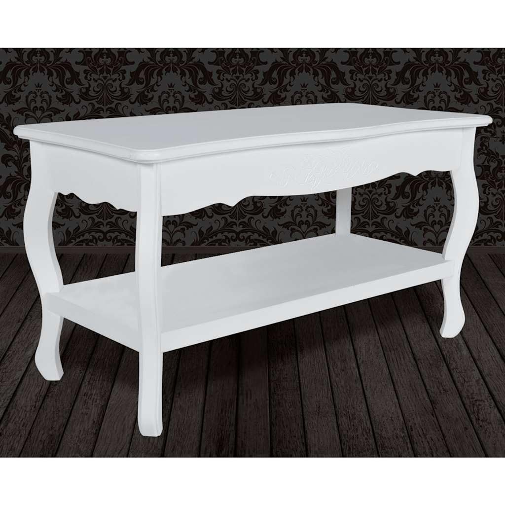 Mesa de centro blanca con estante, 87,5 x 42 x 44 cm, de MDF y pino macizo, diseño moderno, estilo provincial francés, construcción robusta y espacio de almacenamiento para salón, dormitorio