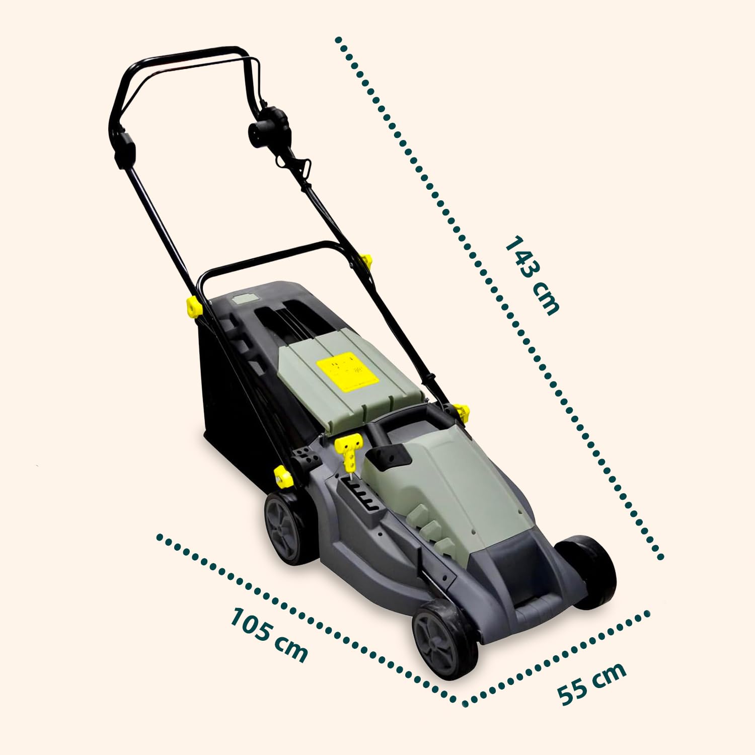 Avilia Cortacésped eléctrico de inducción – Cortacésped Ajustable con 5 Alturas de Corte, diámetro de Corte 380 mm, Velocidad 3000 RPM, 1600 W, 230 V, con Cesta de Recogida de 50 l, 143 x 105 x 55 cm