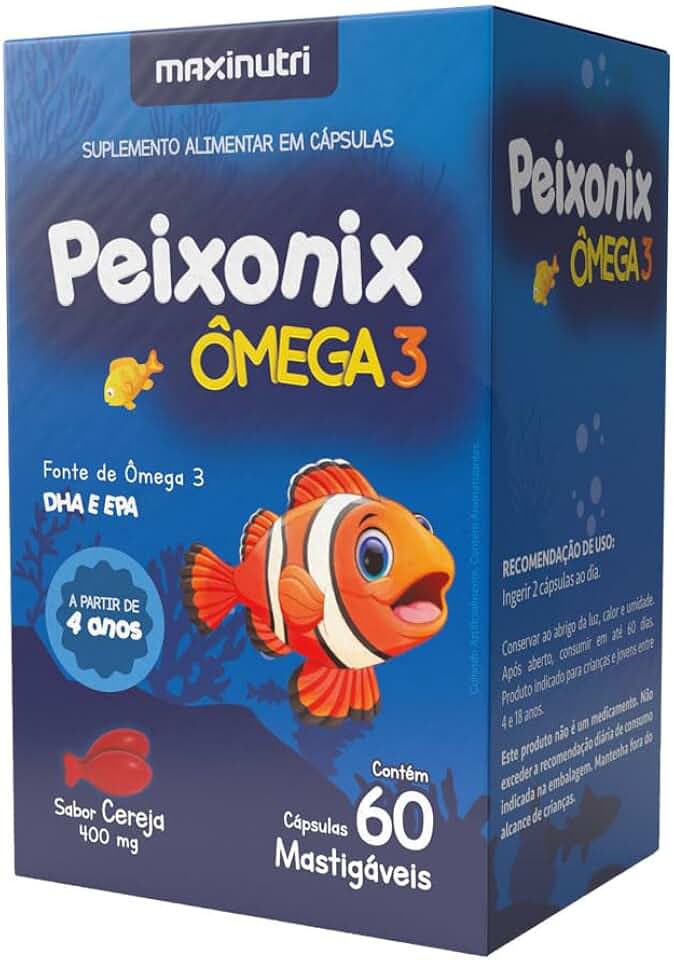 Peixonix Ômega 3 Infantil EPA DHA 60 Cápsulas Mastigáveis Sabor Cereja Maxigold