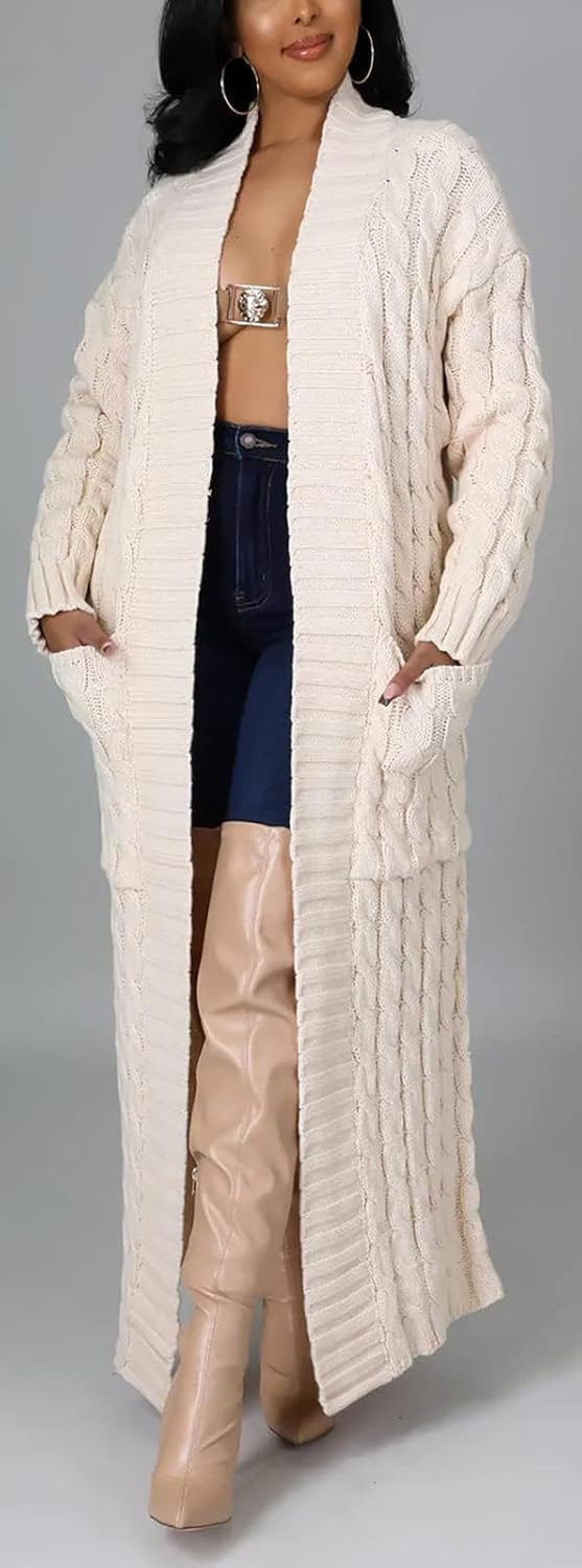 SHINFY Women Long Sleeve Open Front Knit Long Cardigan Casual Knitted Maxi Sweater Coat Outwear with Pockets - Image 3