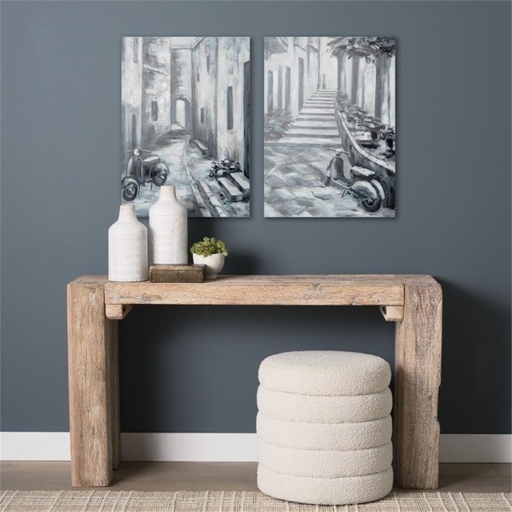 Pemberly Row Diptych Italian Laneway Canvas Oil Painting, Hand-Painted Gray Finish with Lush Greenery, 40"x1.3"x28", Rustic Mediterranean Wall Art for Living Room or Bedroom Decor