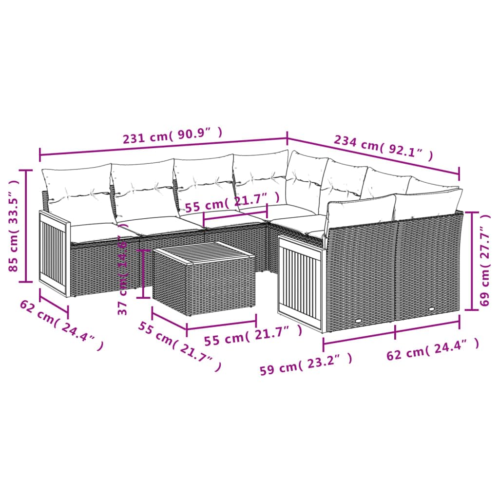 Garten-Sofa-Set, 8-teilig, Schwarz, synthetisches Rattan | Akazientisch im Lieferumfang enthalten, abnehmbare Kissen, modulares Design, einfache Reinigung