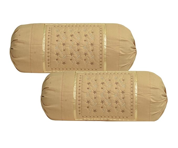 Shri Krishana Fabrics Embroidered Bolsters Cover (Set of 2) (Beige)