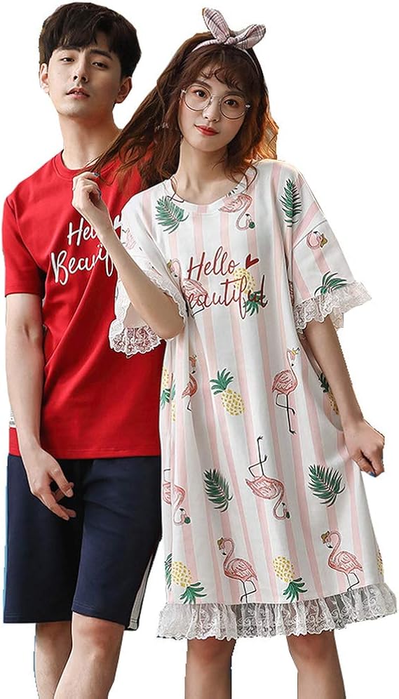 Amazon Patypeety ペアパジャマ カップル 春夏 半袖 綿100 部屋着 寝間着 ワンピース 上下セット ルームウェア ペアルック かわいい やわらか 日常可 お揃い 結婚お祝い ナイトウェア 彼女 彼氏 記念日 プレゼント パジャマ ルームウェアセット 通販