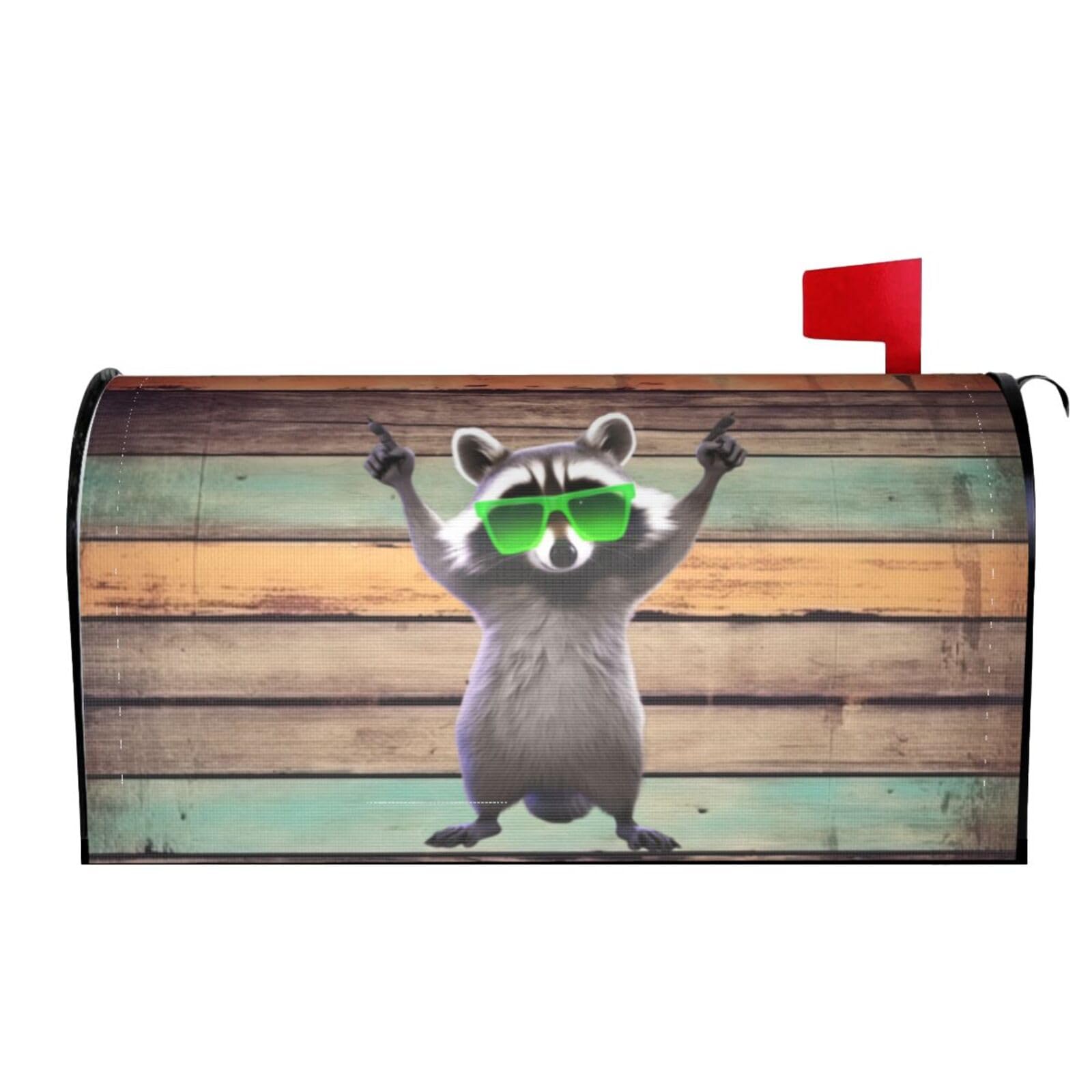 Vintage Old Wooden Texture Funny Raccoon Green Sunglasses 03 Mailbox Covers Magnetic Wraps Post Letter Box Cover Garden Home Decor