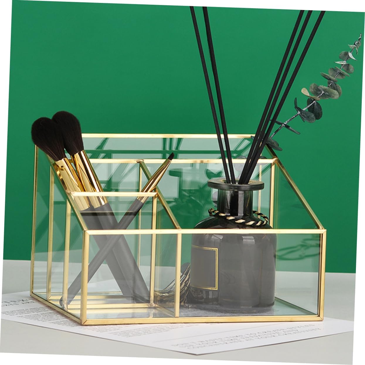 VICASKY Glass Cosmetic Display Case with Frame Lipstick and Makeup Brush Organizer for Vanity and Transparent Glass Storage Box for Bedroom and Bathroom Women