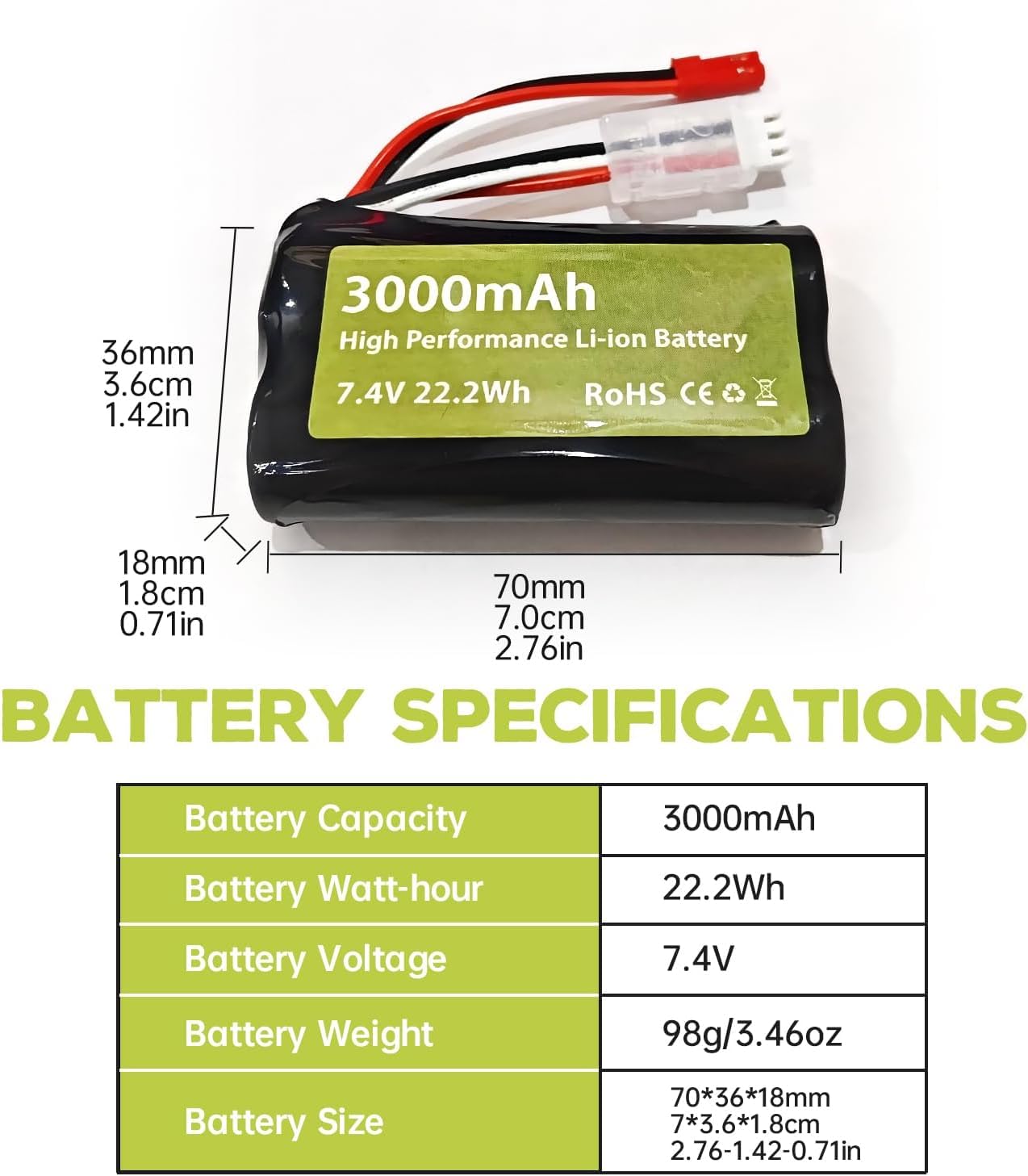 YUNIQUE GREEN-CLEAN-POWER - 2 Pezzi 7.4V 3000mah 15C 2S batteria agli ioni di litio con spina JST-2P con caricabatterie 2-in-1 per UDIRC UD1601 UD1602 SG1603 RC Car 1/10, 1/12, 1/16 Scala Truck RC