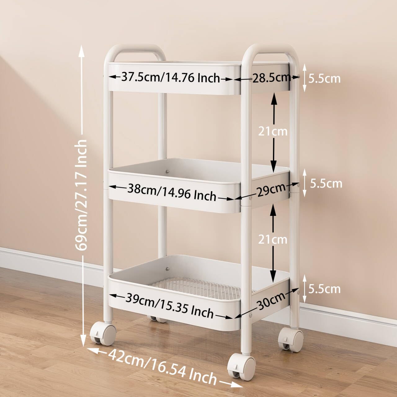 Carrello portaoggetti in materiale metallico, carrello a 3 livelli su ruote, carrello portaoggetti, dotato di tazze e ganci aggiuntivi, adatto per cucina, bagno, ufficio, soggiorno (3 livelli bianco)