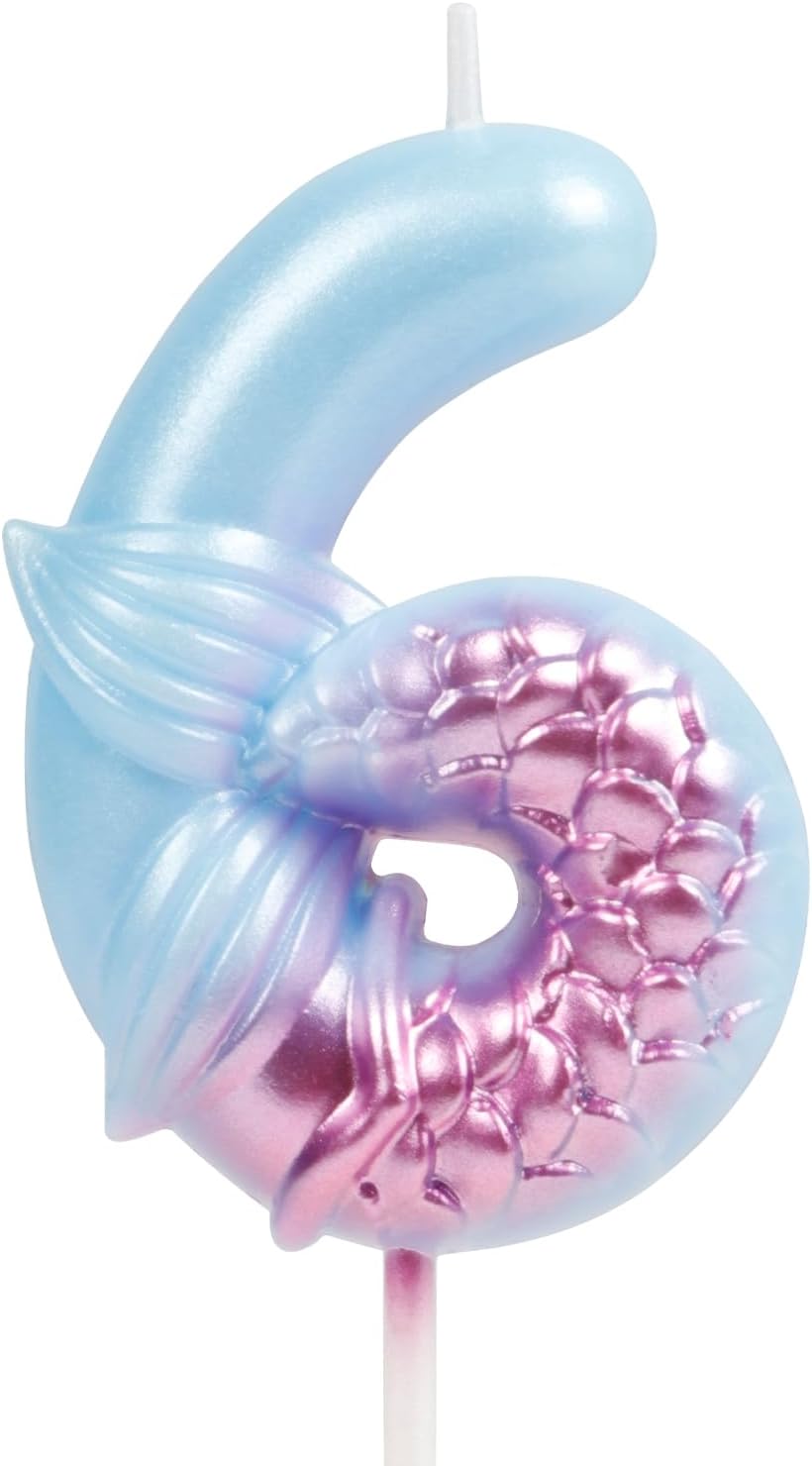 Blue Mermaid Birthday Candles for Cake with Mermaid Tail, Number 6 Candles, Blue Birthday Candles, Happy Birthday Candle, Cake Candles Cake Topper Decorations for Girls Mermaid Birthday Party