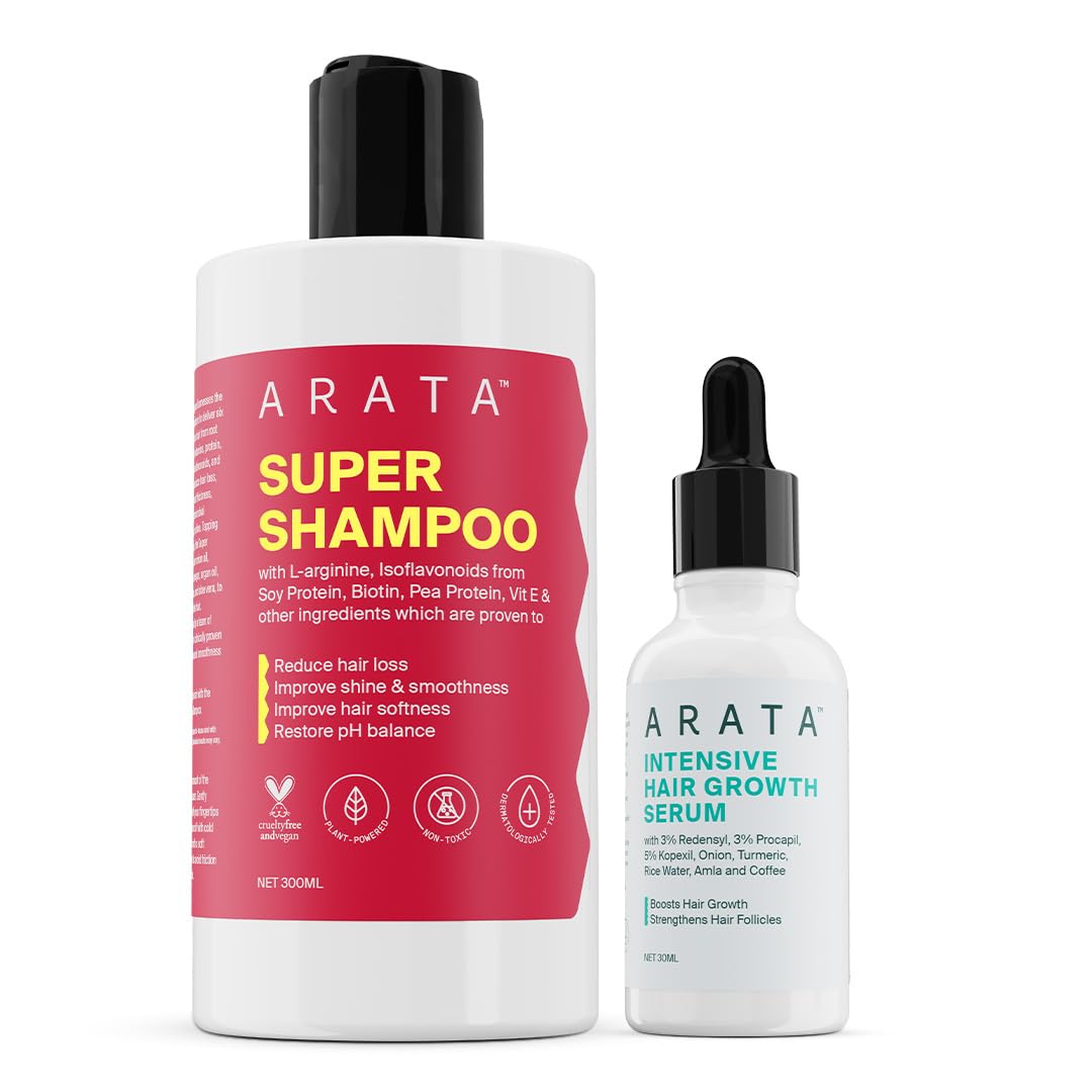 Arata Grow Strong Combo | Intensive Hair Growth Serum & Super Shampoo | Boost Hair Growth | Reduce Hair Loss | Smooth & Shiny Hair | 3% Redensyl, Biotin, Protein, Vitamins | 300ml + 30ml