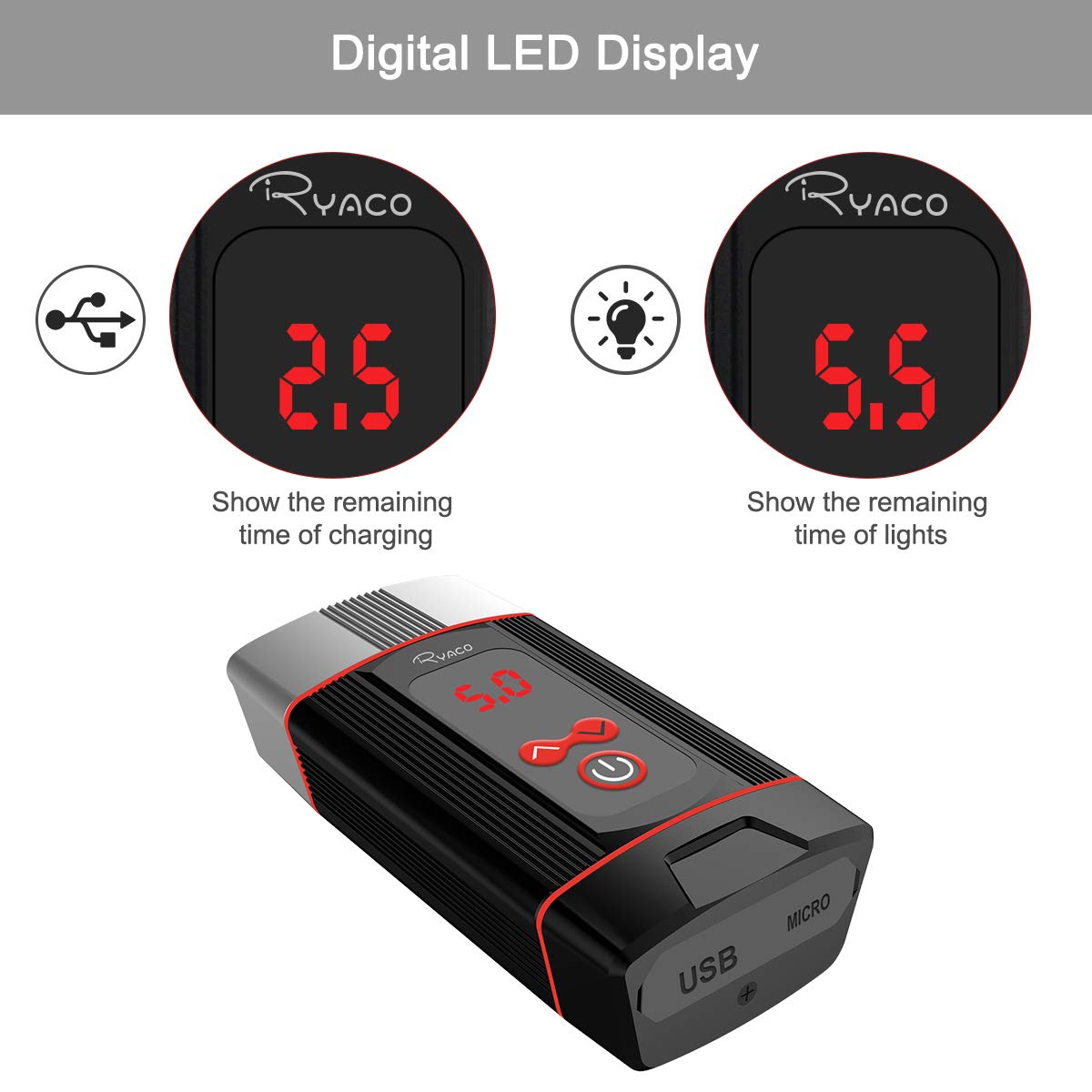 RYACO Vélo Lumière, 2400 Lumen USB Rechargeable Vélo Vélo Phare Avant Vélo Lumière Vélo De Montagne Lumière LED Lampe de Poche avec 4 Modes, IPX4 Étanche Vélo Lumière