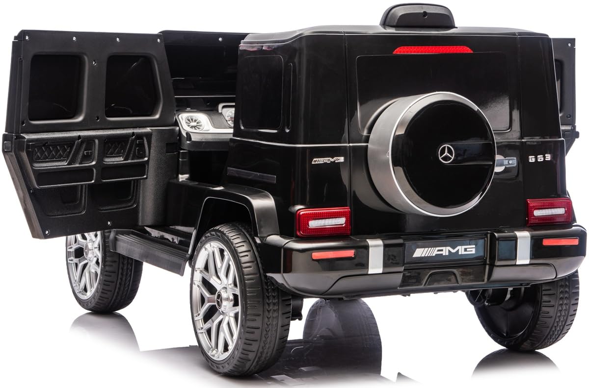Playhouse Dziecięcy samochód elektryczny Mercedes G63 4 x 4 AMG 180 W, 12 V 9 Ah, skórzane siedzisko, 2 amortyzatory, koła EVA, pilot zdalnego sterowania, samochód dziecięcy (czarny)
