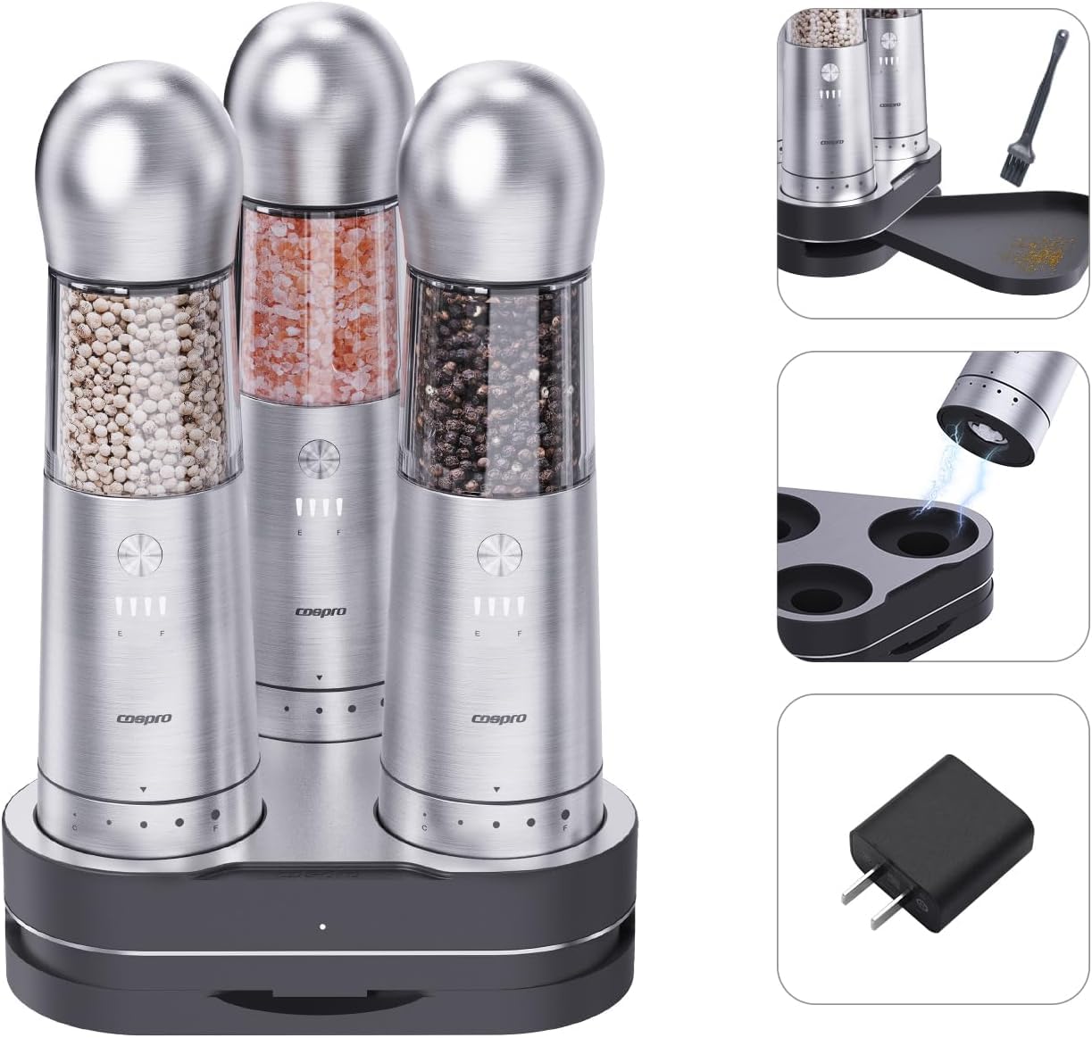 ICE ARMOR Elektrische Salz- und Pfeffermühle, 3er-Set mit kabelloser Ladebasis, Edelstahl, wiederaufladbare automatische Pfeffermühle, einstellbare Grobheit, einfach zu bedienen und zu reinigen