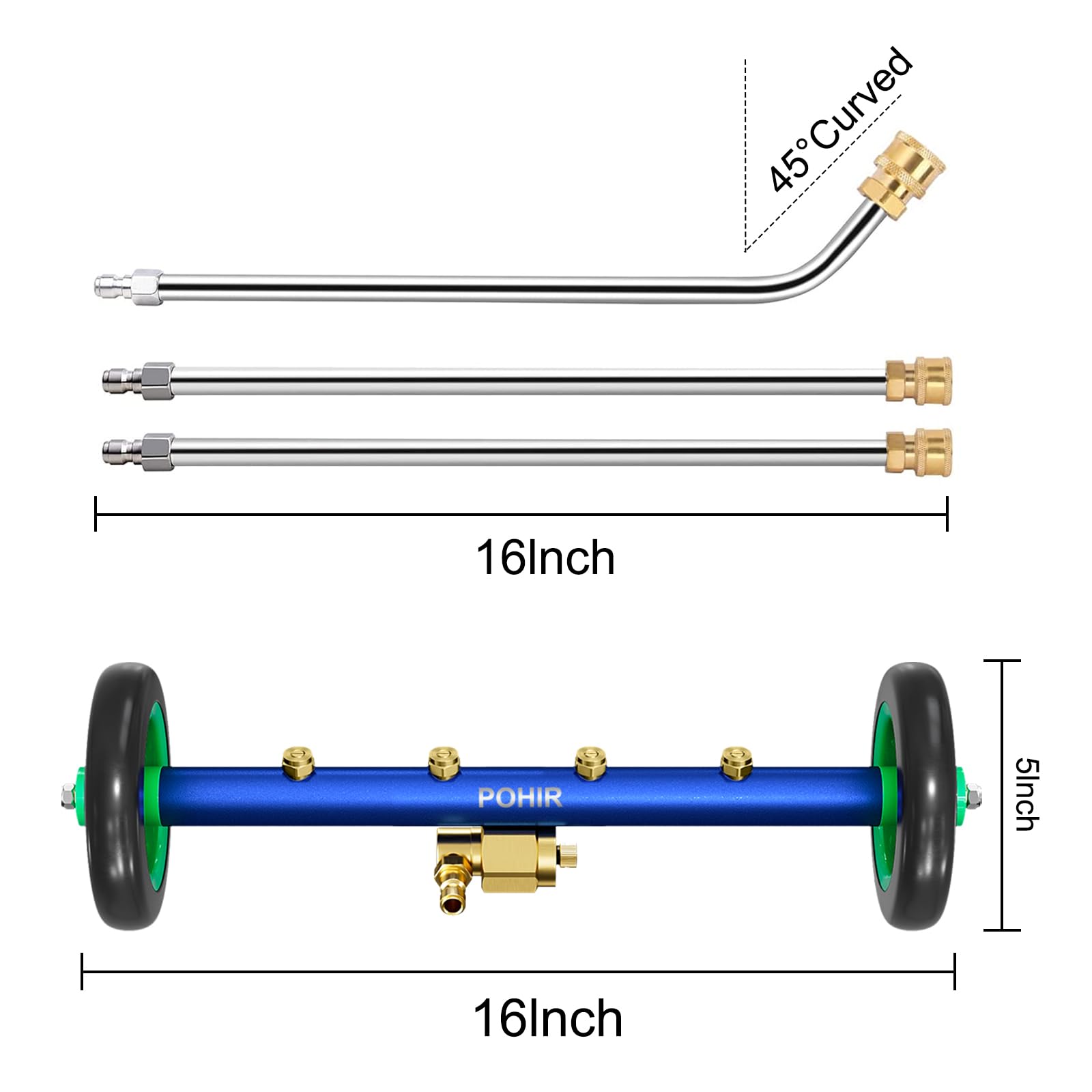 POHIR Spazzola per idropulitrice per sottocarro Pro Max 40,6 cm, scopa ad acqua con 3 bacchette di estensione e accoppiatore girevole a connessione rapida, 4800 psi, rondella auto 2 in 1