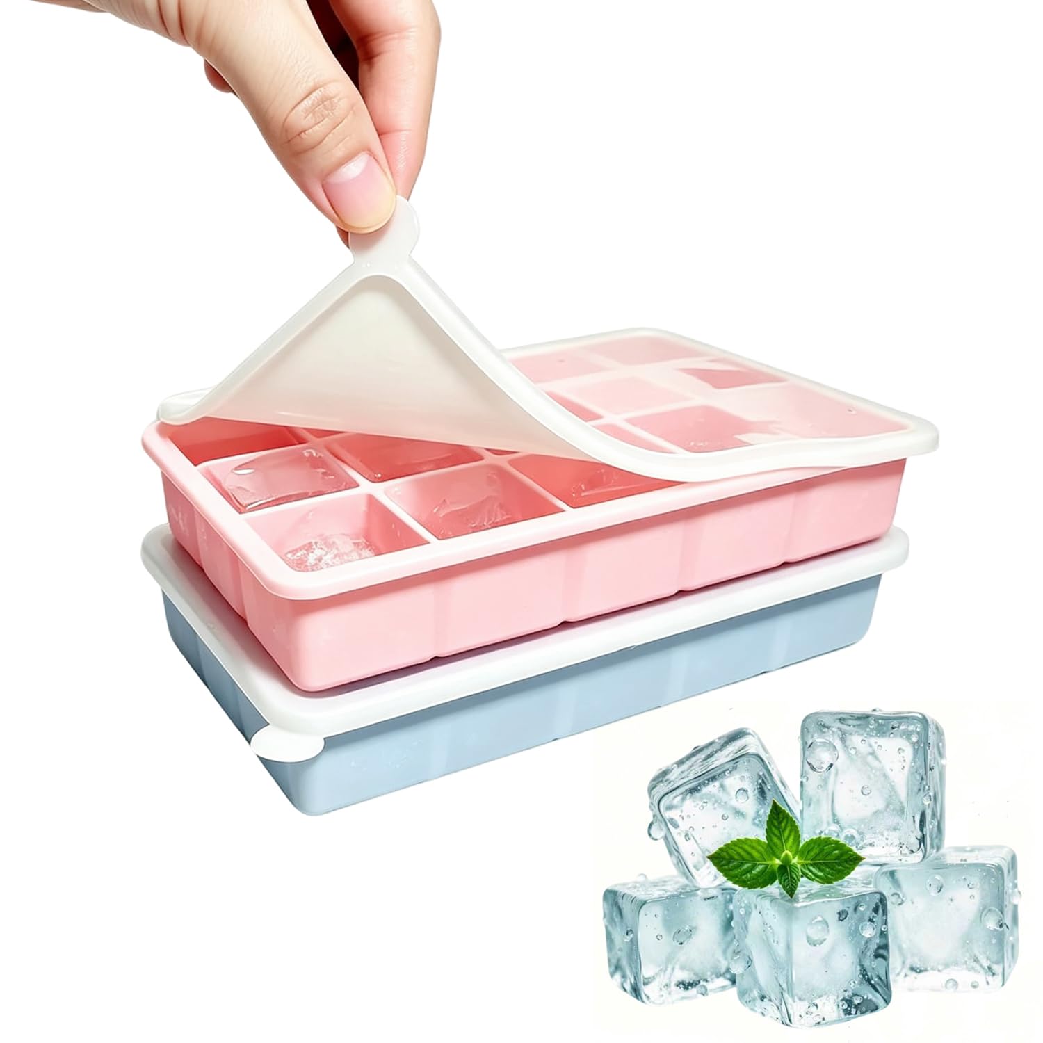 FIOUSY Silicone Ice Cube Tray, Flexible Ice Cube Tray with Removable Lid, 2 PCS of Ice Cube Moulds Set and 15 Ice Cub Per Tray for Whiskey