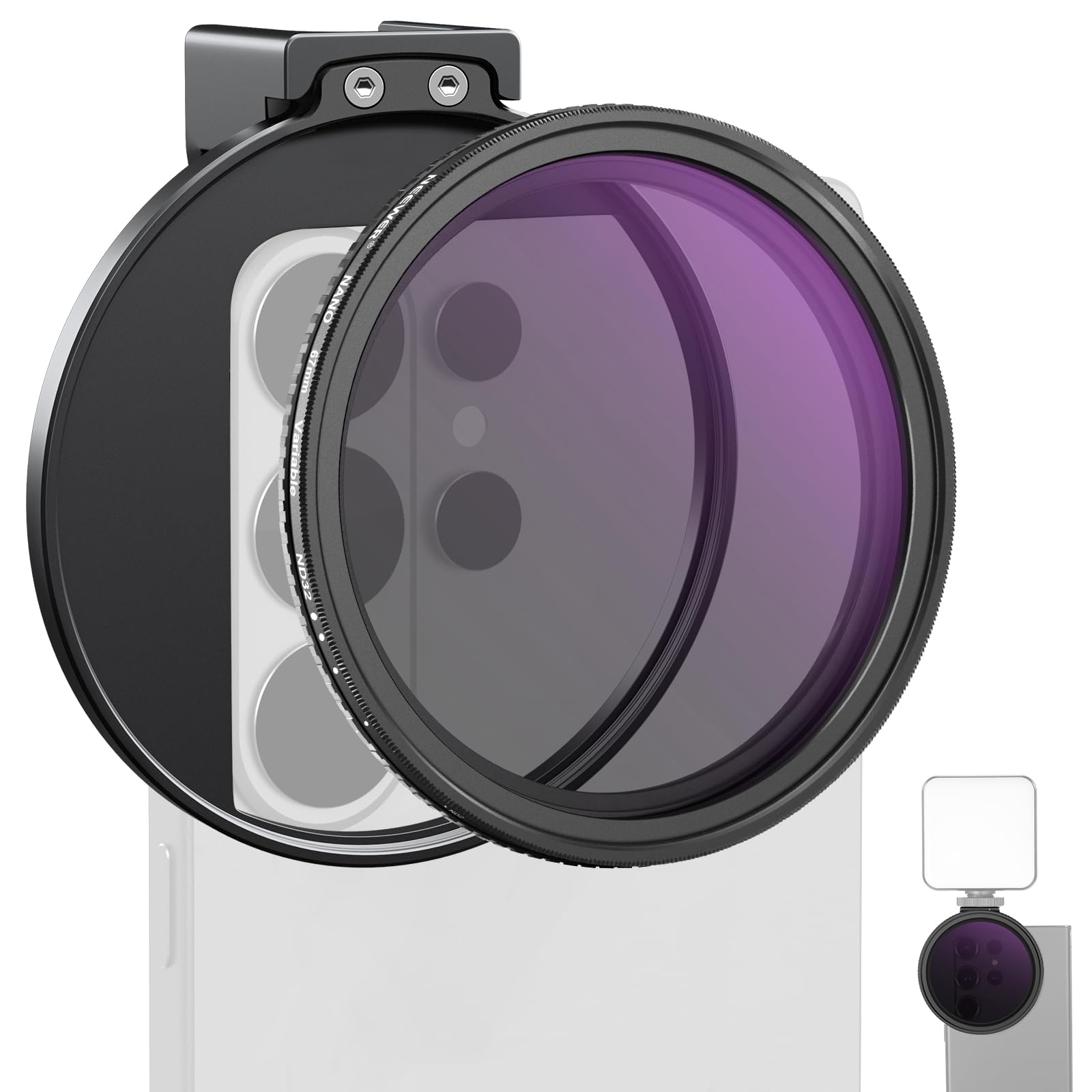 NEEWER Zestaw zawierający zmienny filtr ND 67 mm i zacisk gwintowany do telefonu, akcesoria do zdjęć HD o neutralnej gęstości regulowane ND2-32 HD, kompatybilne z iPhone 17 Pro Max Samsung S26 Ultra