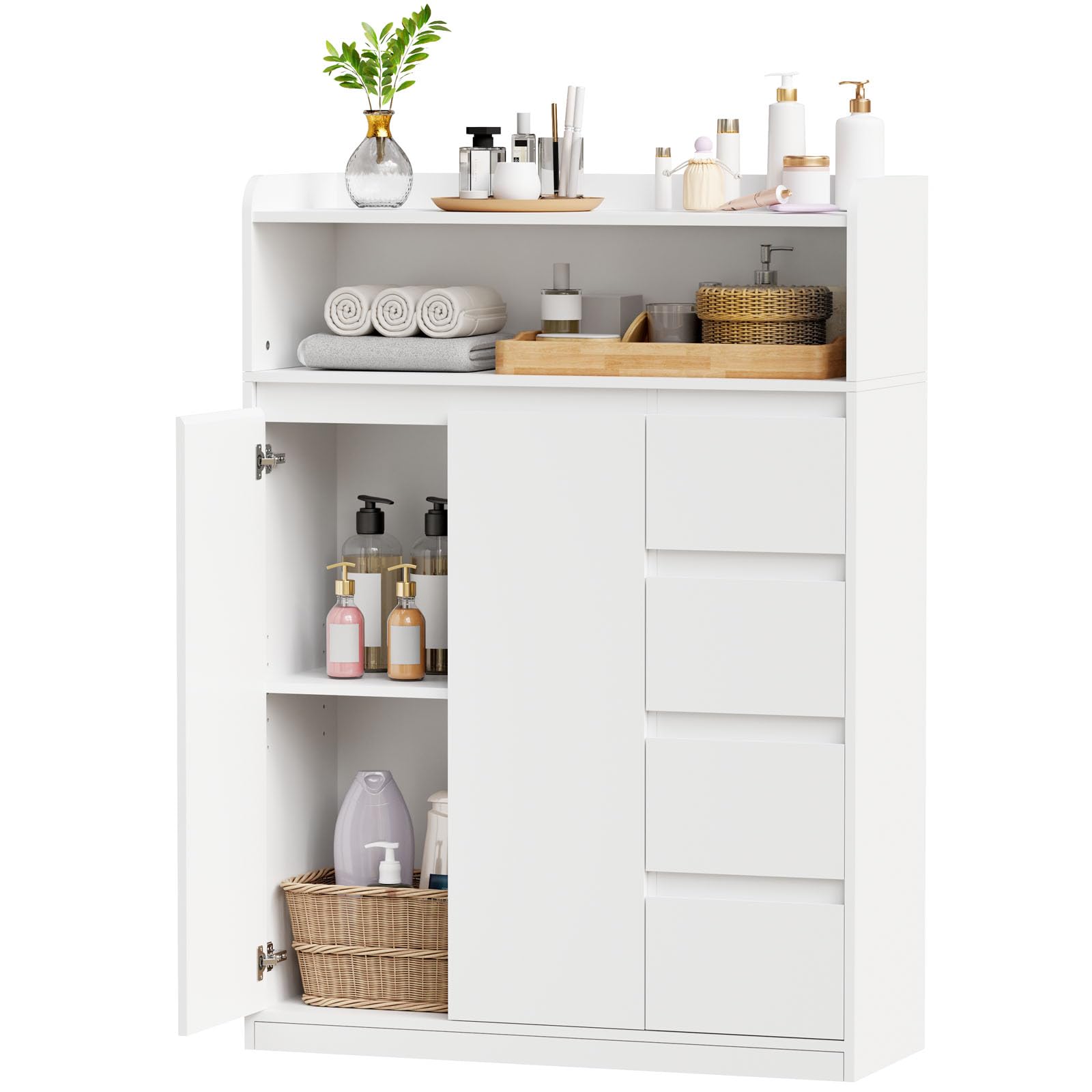 ANWBROAD Badezimmerschrank, Badschrank mit 4 Schubladen, Kommode Badezimmer 2 Schranktüren und 5-lagige Verstellbarer Ablage, Kommode für Badezimmer, Wohnzimmer, Küche, 110 × 80 × 30 cm, Weiß, SBC015W