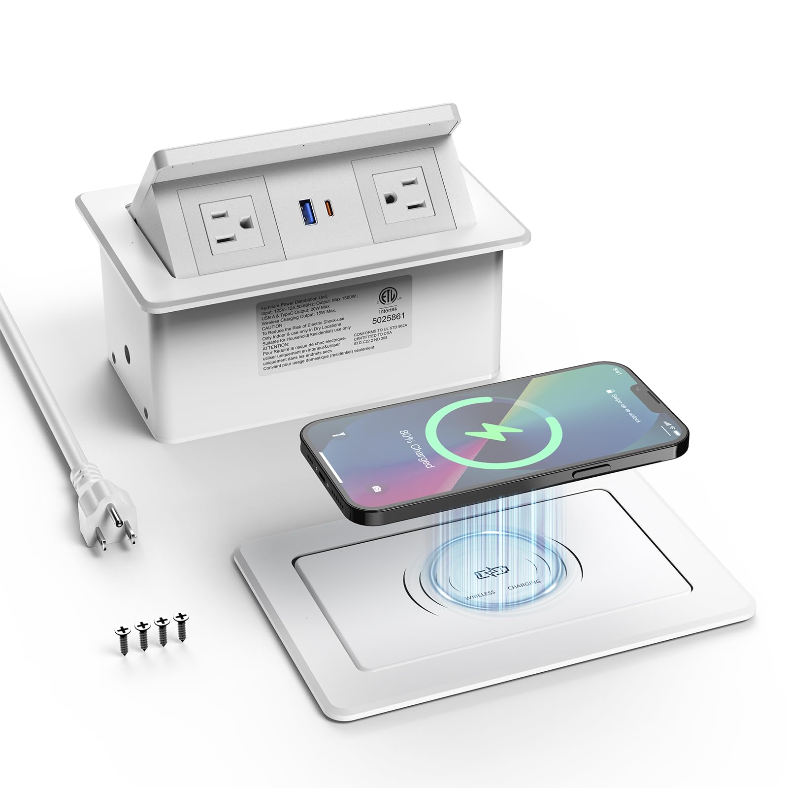 QBA Pop up Power Outlet with 15W Wireless Charger, Recessed Power Strip with USB-C PD 20W, 2 Outlets, Desk Charging Station for Conference Room