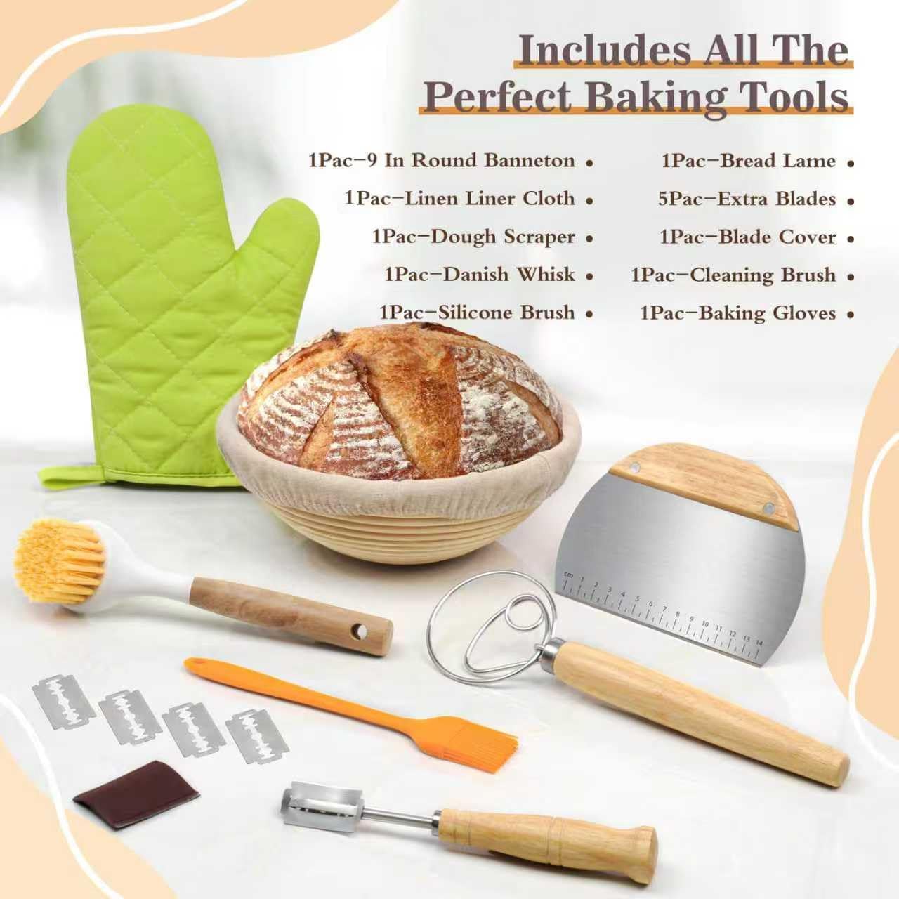 Neddie Bread Proofing Baskets Set Sourdough Bread Baking tools sourdough starter kit Bread Making Baking Fermentation with 10 Inch Round Woven vine banneton bread proofing basket Basket GiftSet