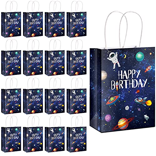 Outus 16 Pack Outer Birthday Space Party Favors Space Goody Bags with Handles Galaxy Gift Bags Kraft Paper Planet Goodie Treat Astronaut Present for Boys Girls Theme Party