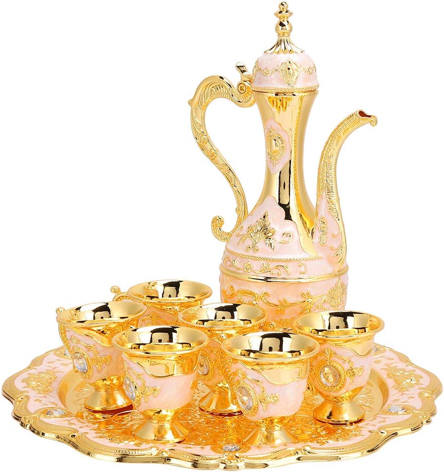 Turkish Tea Set, Metal Teapot Set with 6 Coffee Cup and Tea Tray, Art Crafts Wedding Gift(Pink)