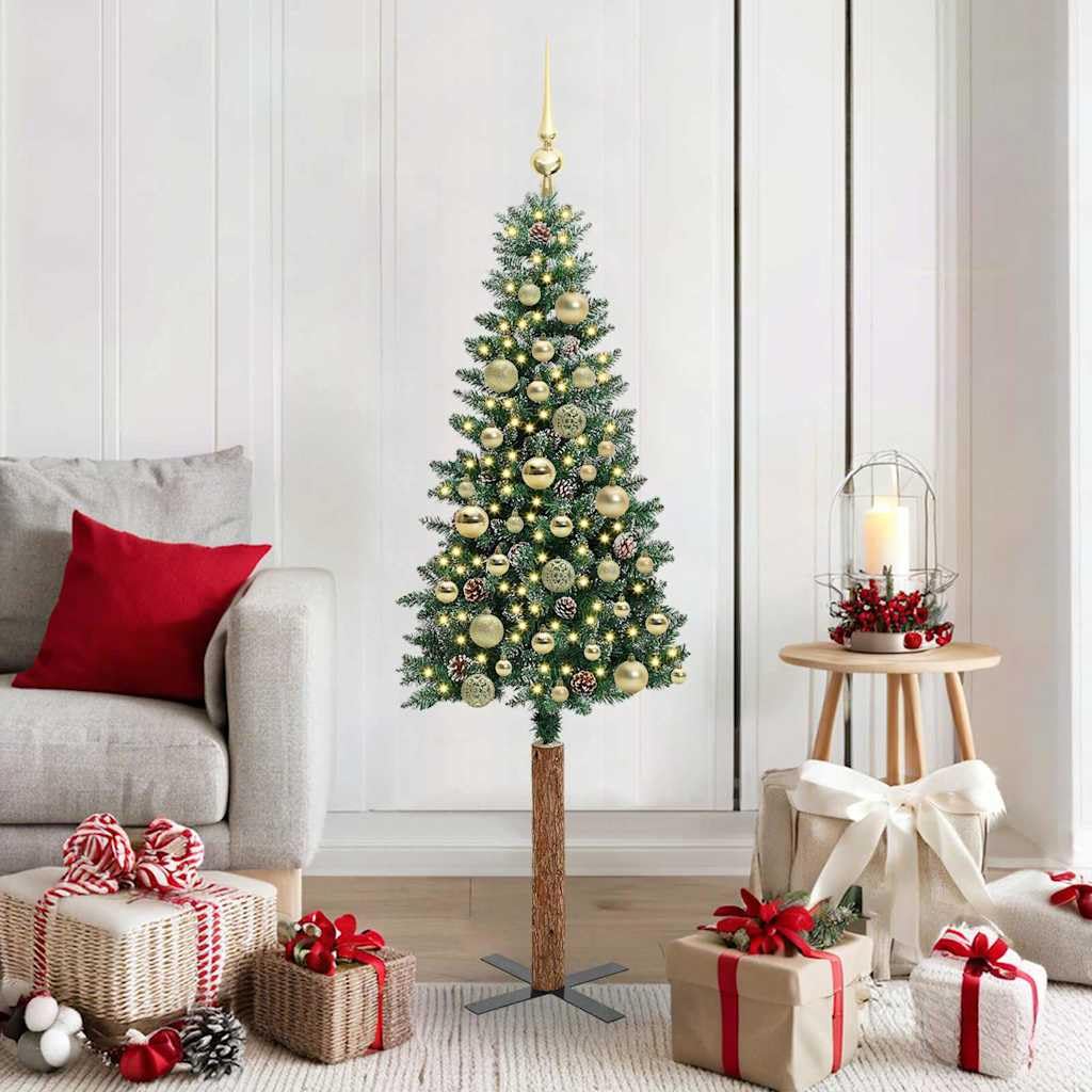 Albero di Natale sottile 150 cm verde con 150 LED bianco caldo e robusto supporto in metallo, ideale per interni ed esterni protetti, decorazione festiva