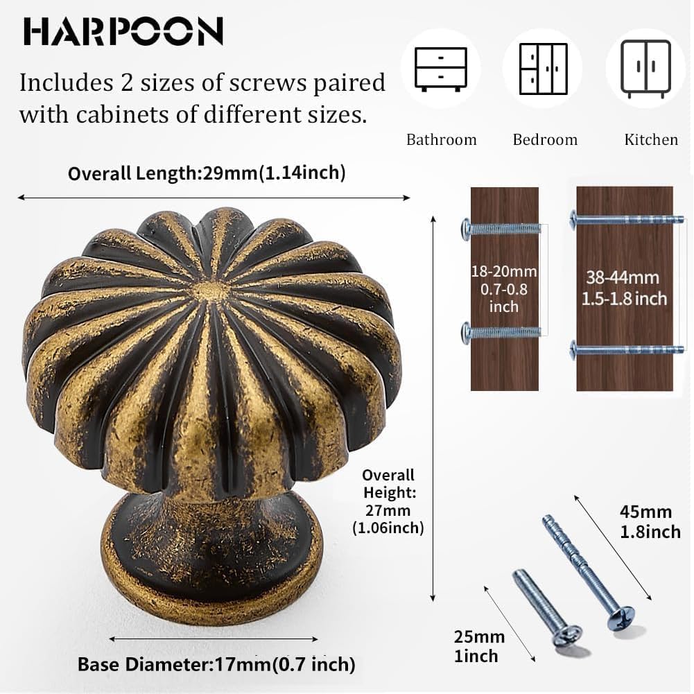 HARPOON 10 Pack Cabinet Knobs, Vintage Round 1.1 inch Knob, Drawer Handle Wardrobe, Kitchen Bar Cabinet Hardware, Antique Brass