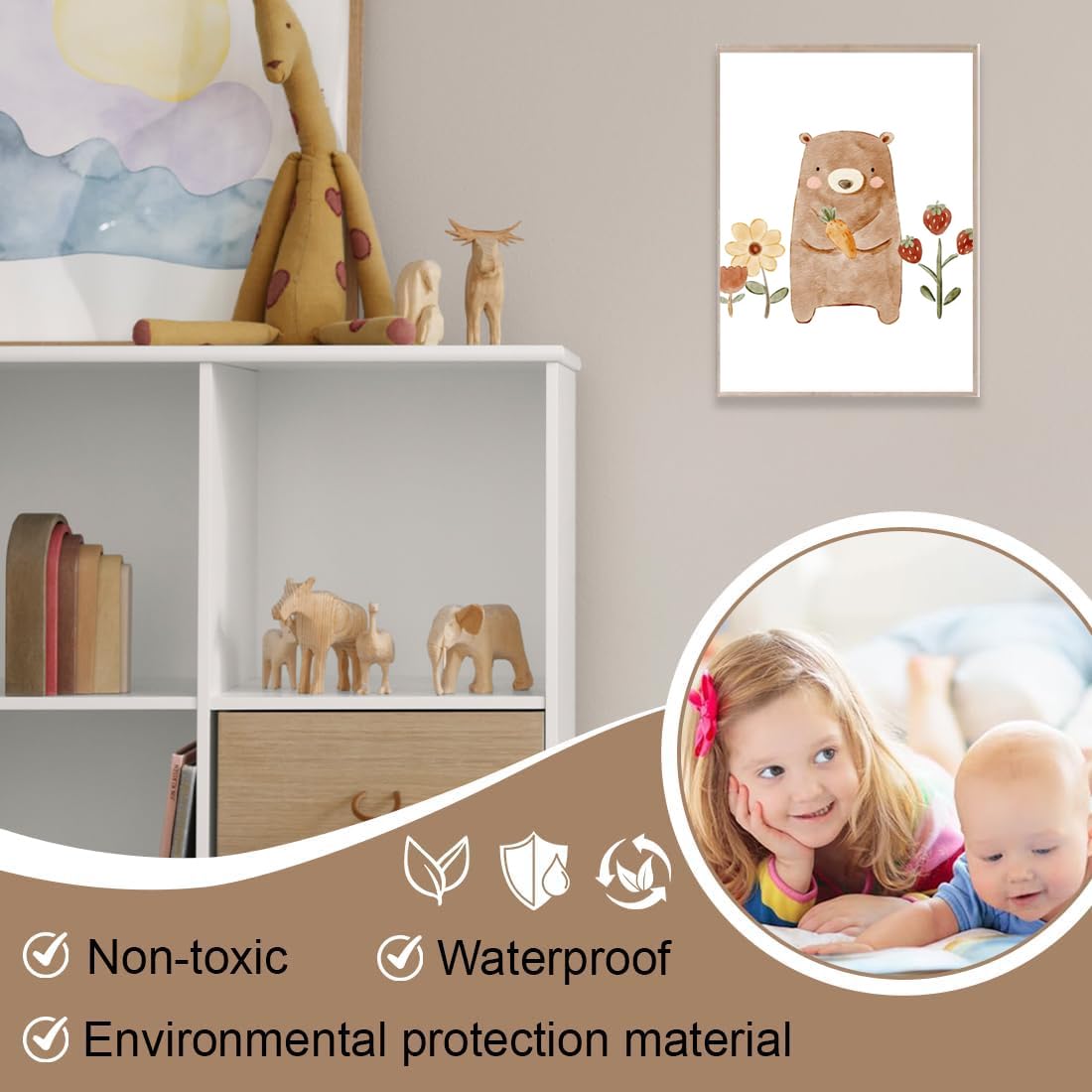 Set di 3 Quadri Tela 21x30cm, Poster Orsacchiotto Nuvole Sole per Cameretta dei Bambini, Stampe Senza Cornice Stile Boho per Decorazione Parete(Stile B)