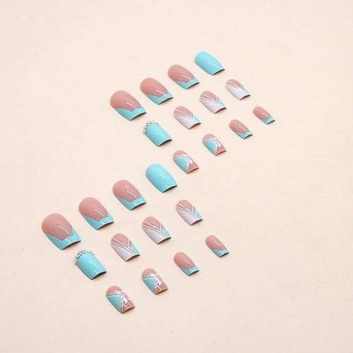 Miniatura 6 de Uñas postizas cuadradas medianas con punta francesa, uñas con pegamento, uñas postizas azul-verde con diseños de mariposas, uñas acrílicas de