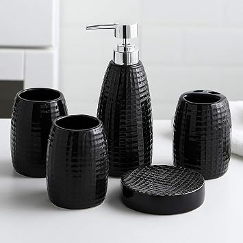 Soap Dispenser 5 Piece Ceramics Bathroom Accessory Set, Toothbrush Holder, Liquid Soap Dispenser, Soap Dish, 2 Tumblers, Bathroom Accessories Set Dispenser for Hand Soap Zwart
