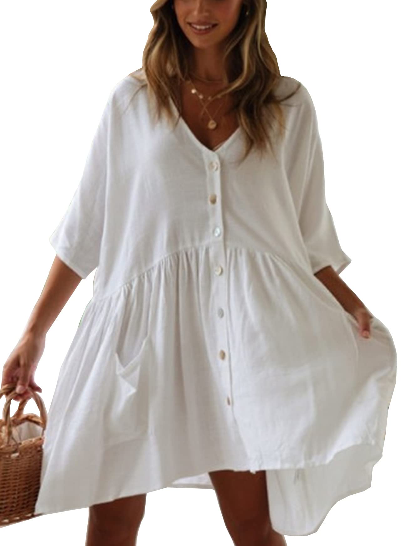HYUET Mujer Vestido Corto de Playa Mujer Algodón Pareos y Camisola de Playa Sexy Verano Túnica Ropa Traje de Baño Bikini Cover Up Color Sólido Blusa Tops Talla Grande Elegante con Boton