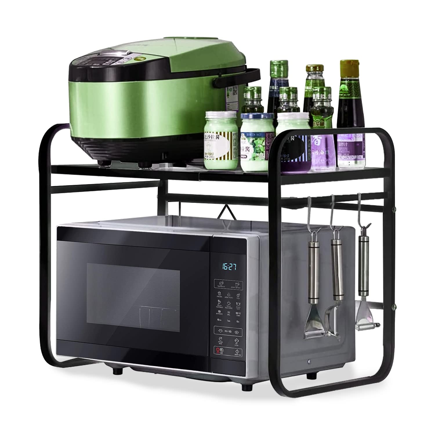 Homestic Microwave Oven Rack with Over Oven Shelf Over Microwave Shelf Adjustable Carbon Steel Microwave Countertop, Microwave Shelf With Hooks 30 Kg Load Capacity, Oven Rack,Black