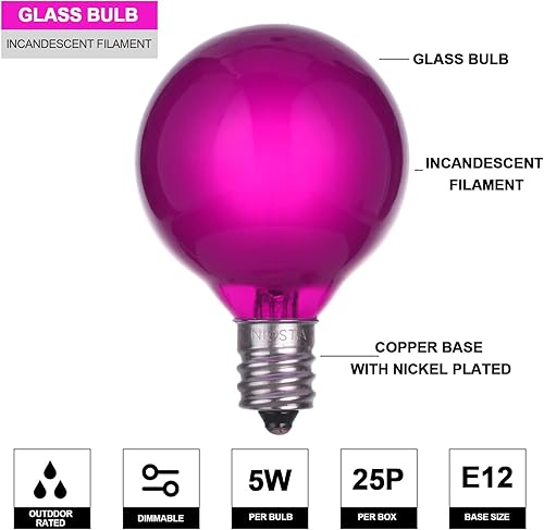 Miniatura 2 de Paquete de 25 bombillas de repuesto G40, bombillas de vidrio incandescente de 5 W 120 V, para tira de luces E12 para exteriores, rosa esmerilado