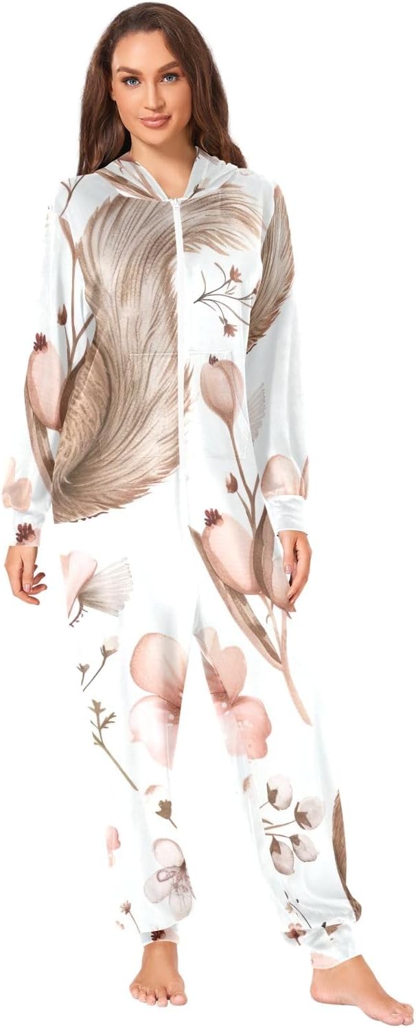 Flower Squirrel Adult Onesie, Soft Plush Pajama Jumpsuit with Hooded Zipper for Men Women Sleepwear Loungewear