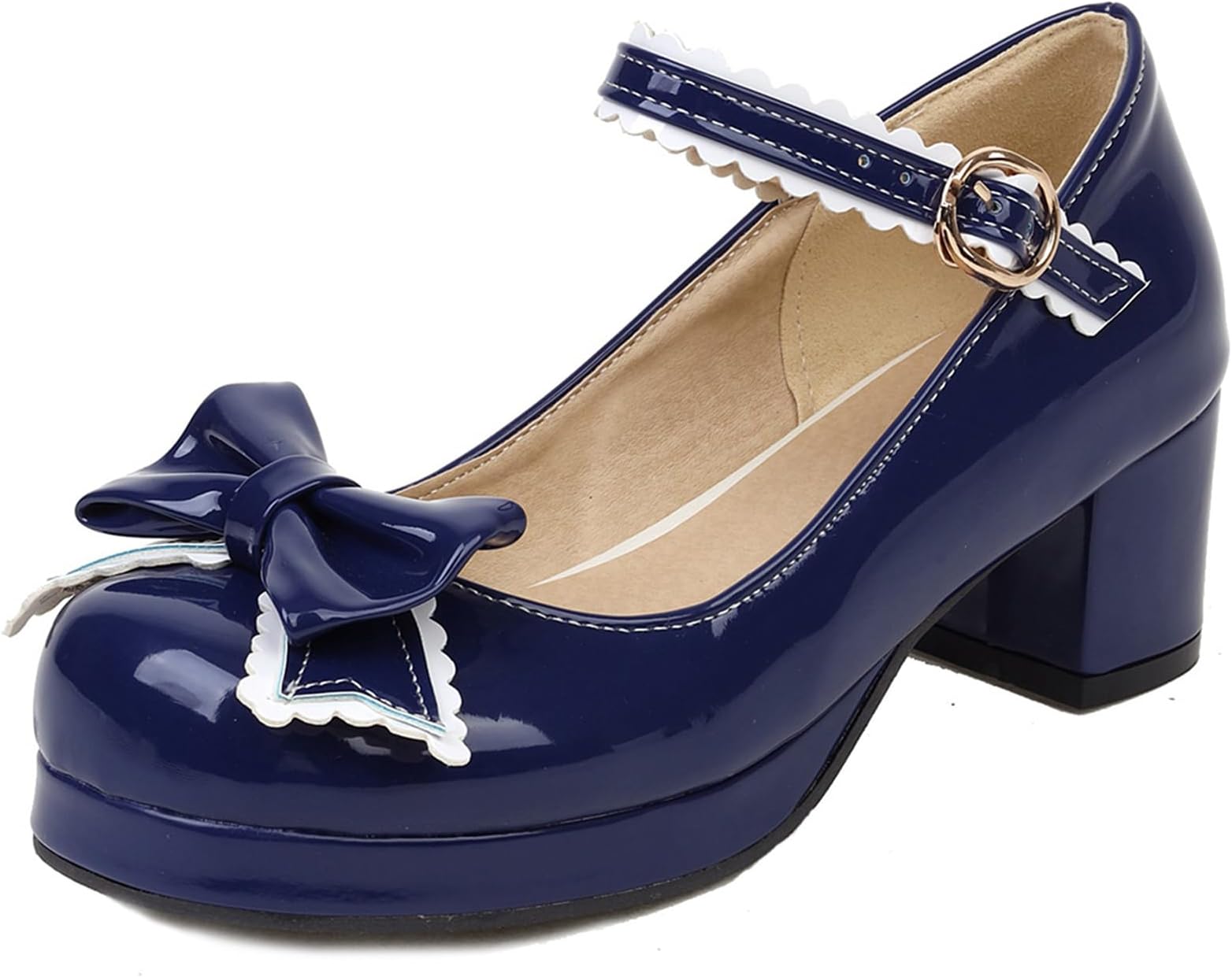 Women Block Heel Mary Jane Shoes with Platform Bows Mid Heel Shoes Round Toe Buckle Elegant Court Shoes, Size 1-10.5
