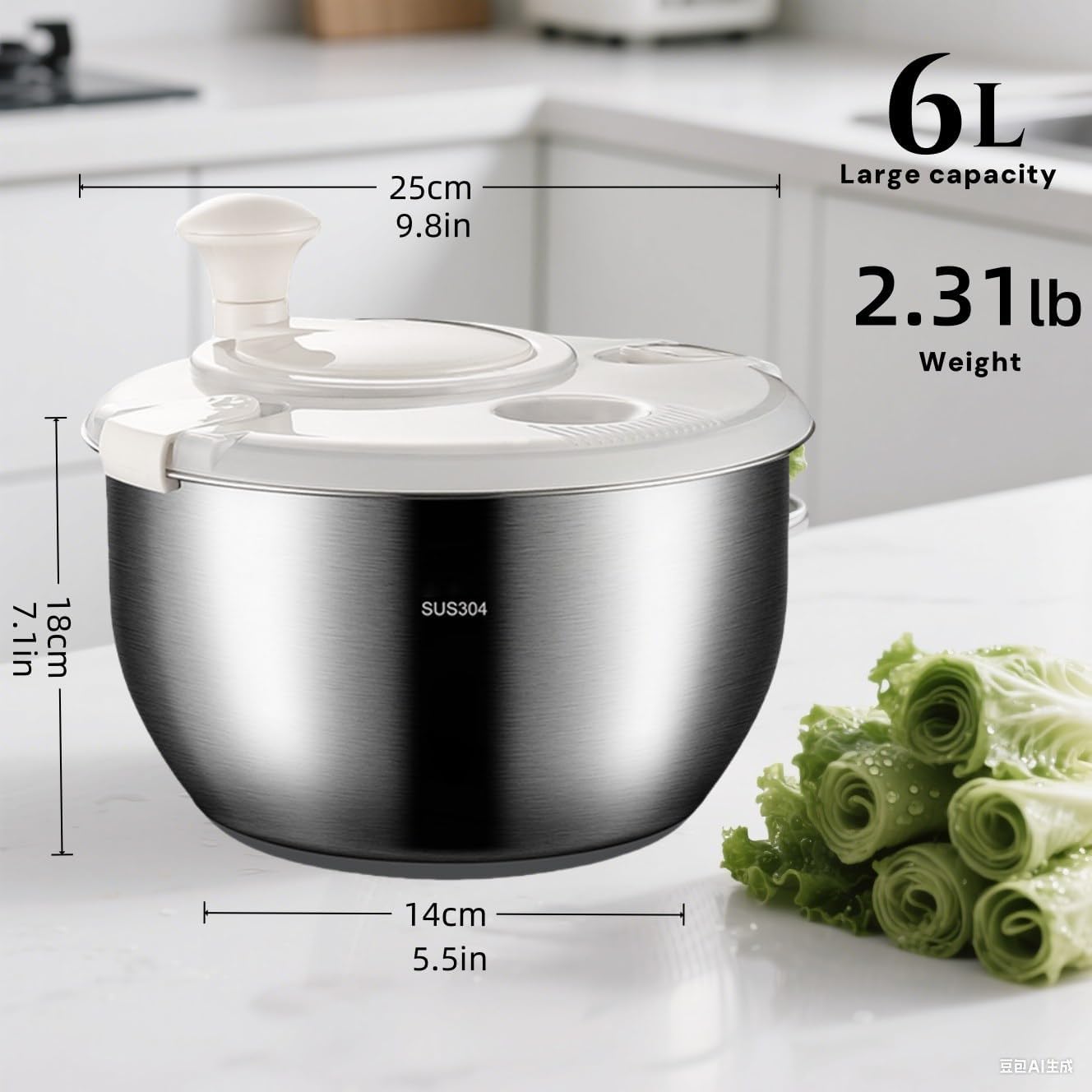 6L Stainless Steel Salad Spinner - Large Vegetable & Fruit Washer Dryer with Quick Spin, Drain Basket and Collapsible Design，Fruit Cleaner Spinner with for Lettuce, Greens (18/8 Stainless Steel)