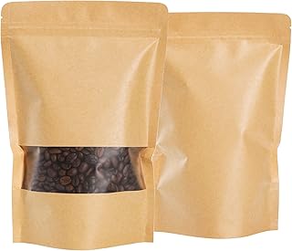 Kingrol 150 Count 5.9 x 8.6 Inch Kraft Paper Bags with Resealable Lock Seal Zipper &Transparent Window, Stand Up Food Bags