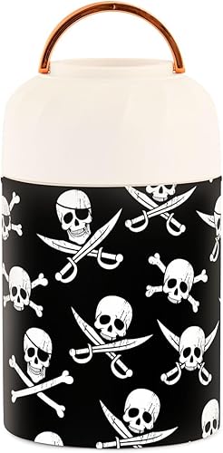 Contenedor de comida aislado de calavera pirata, tarro de comida al vacío de 17 onzas, termo de acero inoxidable con cuchara plegable para sopa,
