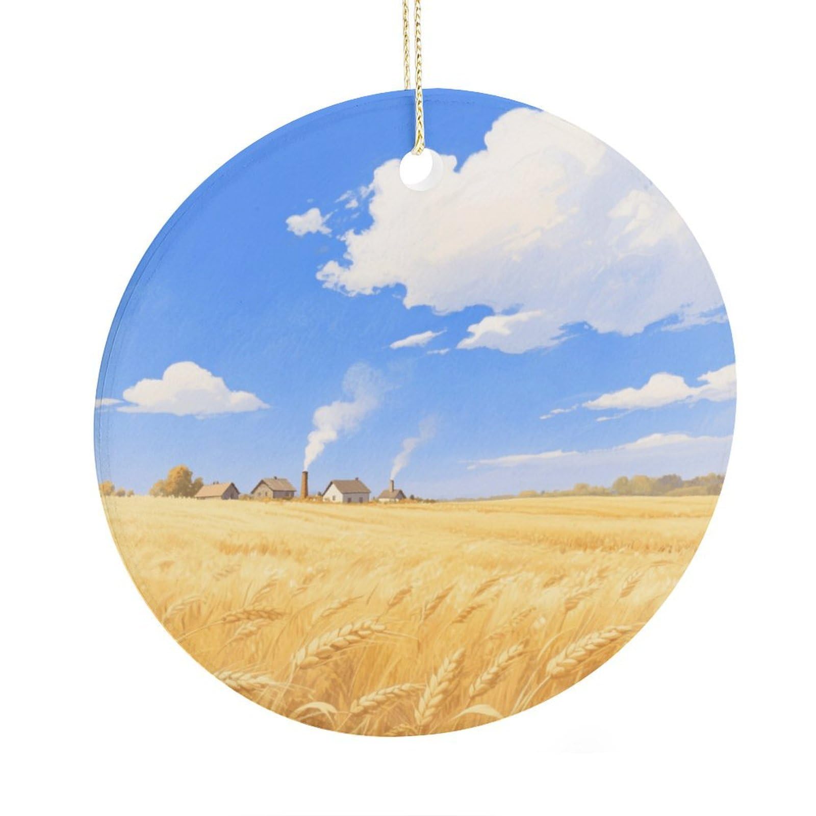 Fekiloot Style Golden Wheat Fields In Autumn Christmas Ornaments 2.9 Inch Round Ceramic Ornament Keepsake Thank You Gifts For Office, Room, Home - Holiday Present Ideas