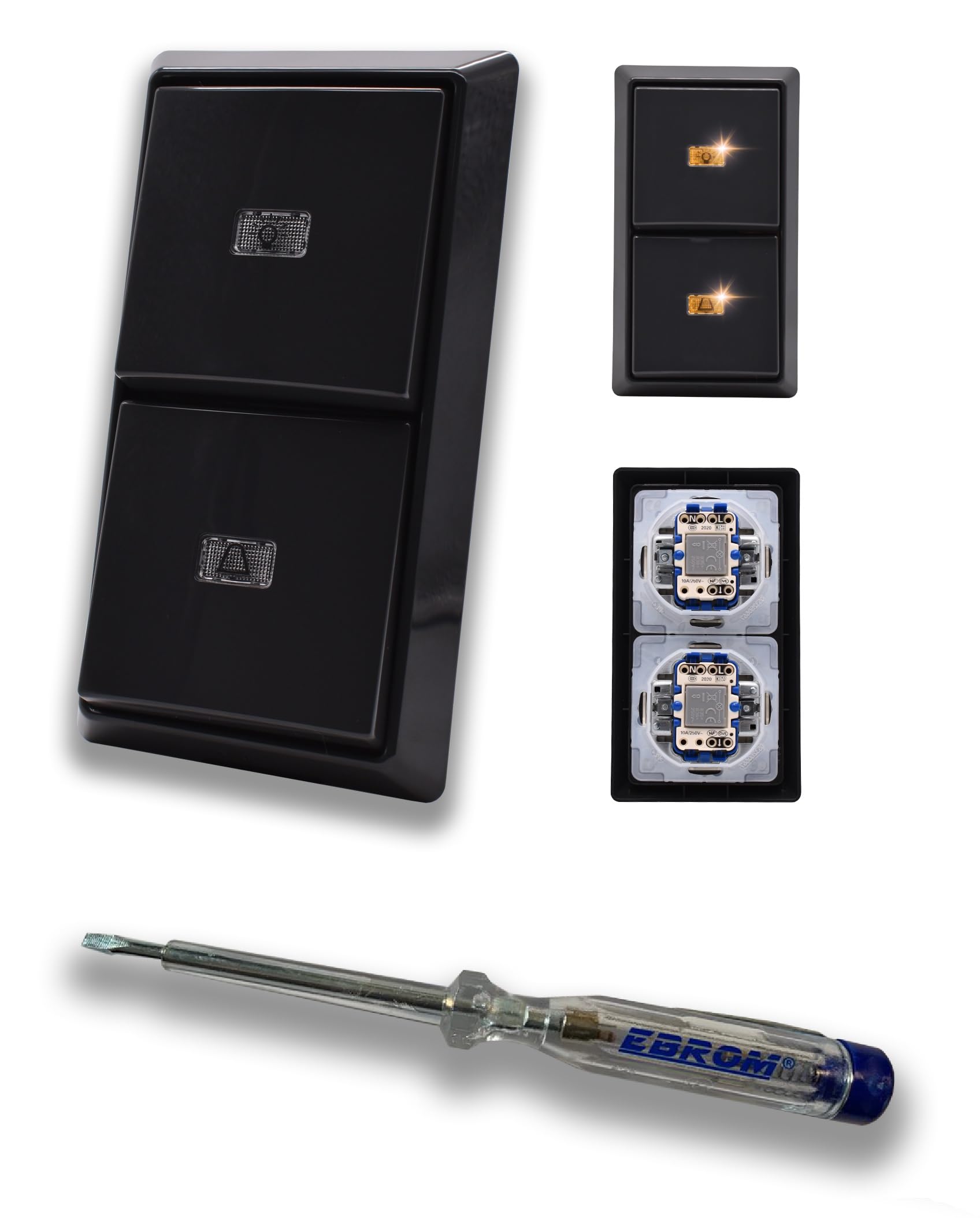 EBROM SET IDEE: Busch Jäger Allwetter44 - Klingel/Licht Taster 2x 2020 USGL | Klingel und Lichtschalter als Taster mit Symbol Licht und Klingel (beleuchtet) anthrazit+ EBROM Phasenprüfer zur Montage