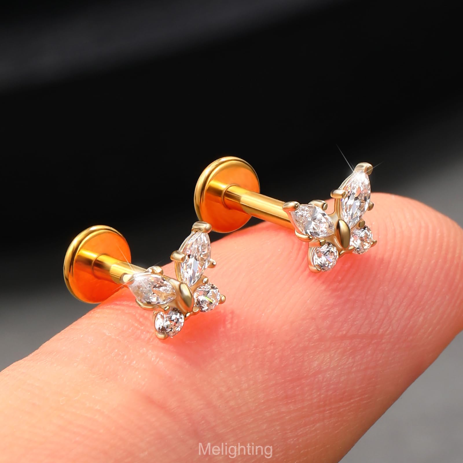 Melighting Schmetterling Flach Rücken Ohrring 16G Helix Stud 14K Gelbgold Knorpel Ohrringe CZ Threadless Tragus Piercing Schmuck