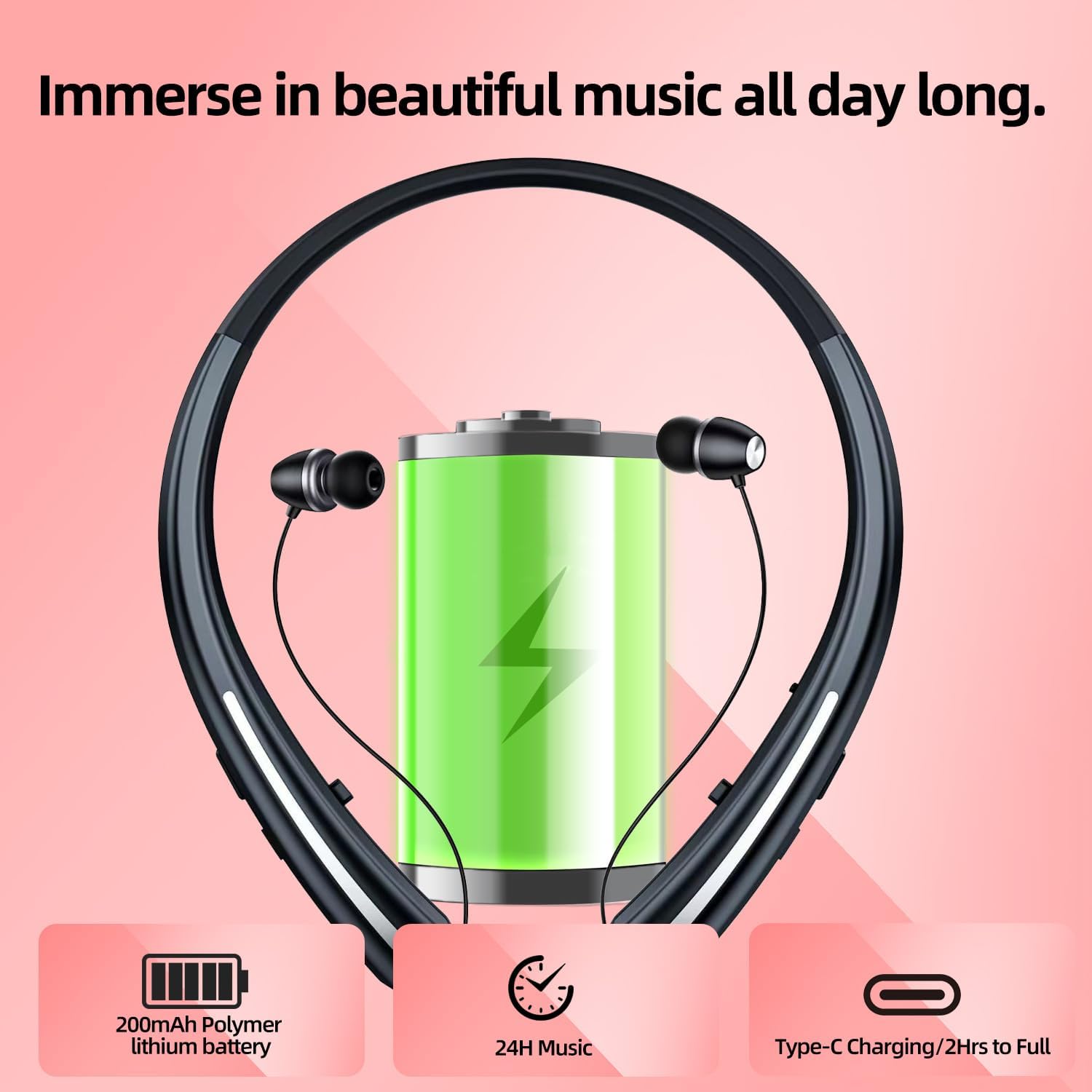 Bluetooth Headphones Neckband, Retractable Headset Wireless Sports Earbuds Noise Cancelling Stereo Earphones with Microphone, IPX5 Sweatproof, Compatible with iPhone Android (Black) - Image 4