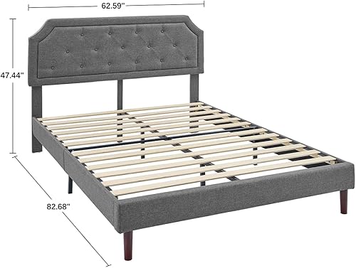 Miniatura 2 de Base de cama tapizada de tela de lino con cabecera de altura ajustable con botones curvos y listones de madera, tamaño Queen, color gris oscuro