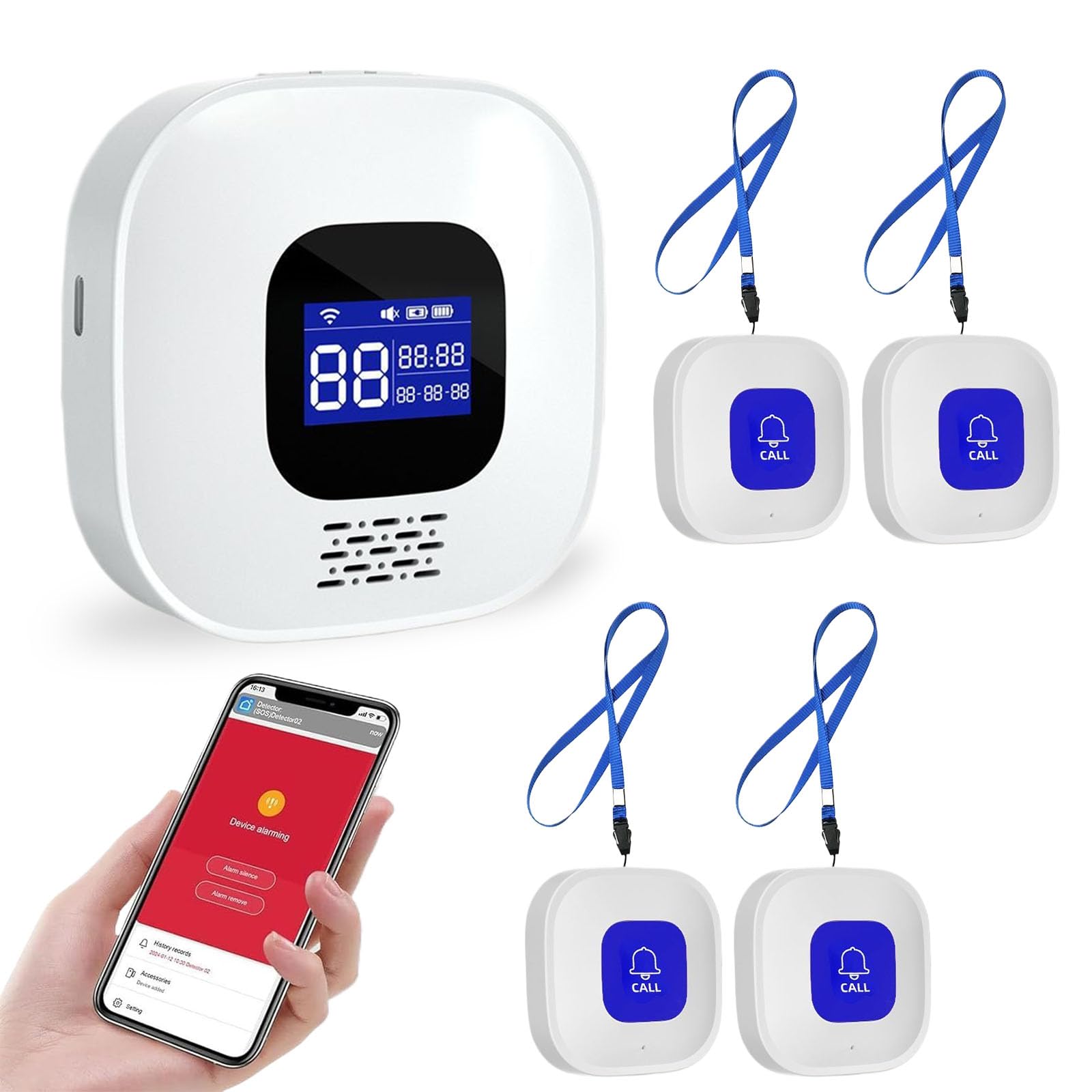 Detailed view of the WIOONI Smart Caregiver Pager receiver with its LCD screen and an SOS button.