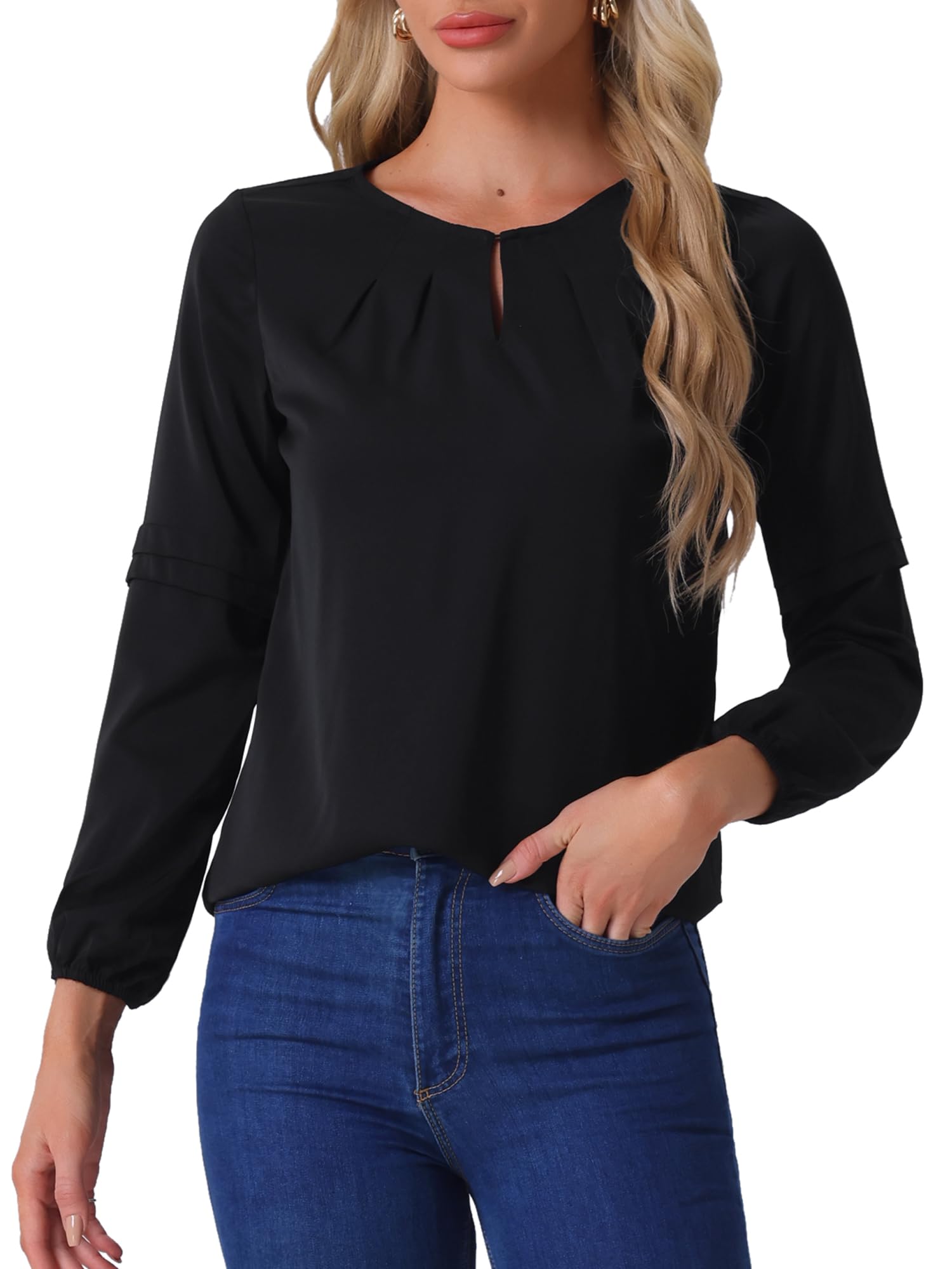 Allegra K Women's Work Tops Chiffon Shirt Long Sleeve Keyhole Neck Elegant Blouse