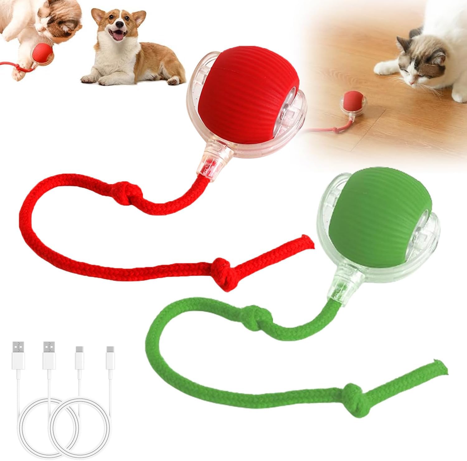 2PC Interactive Cat Toys,360 ° Fully Automatic Dogs & Cats Smart Rolling Ball,Durable and Rechargeable(Green+Red)