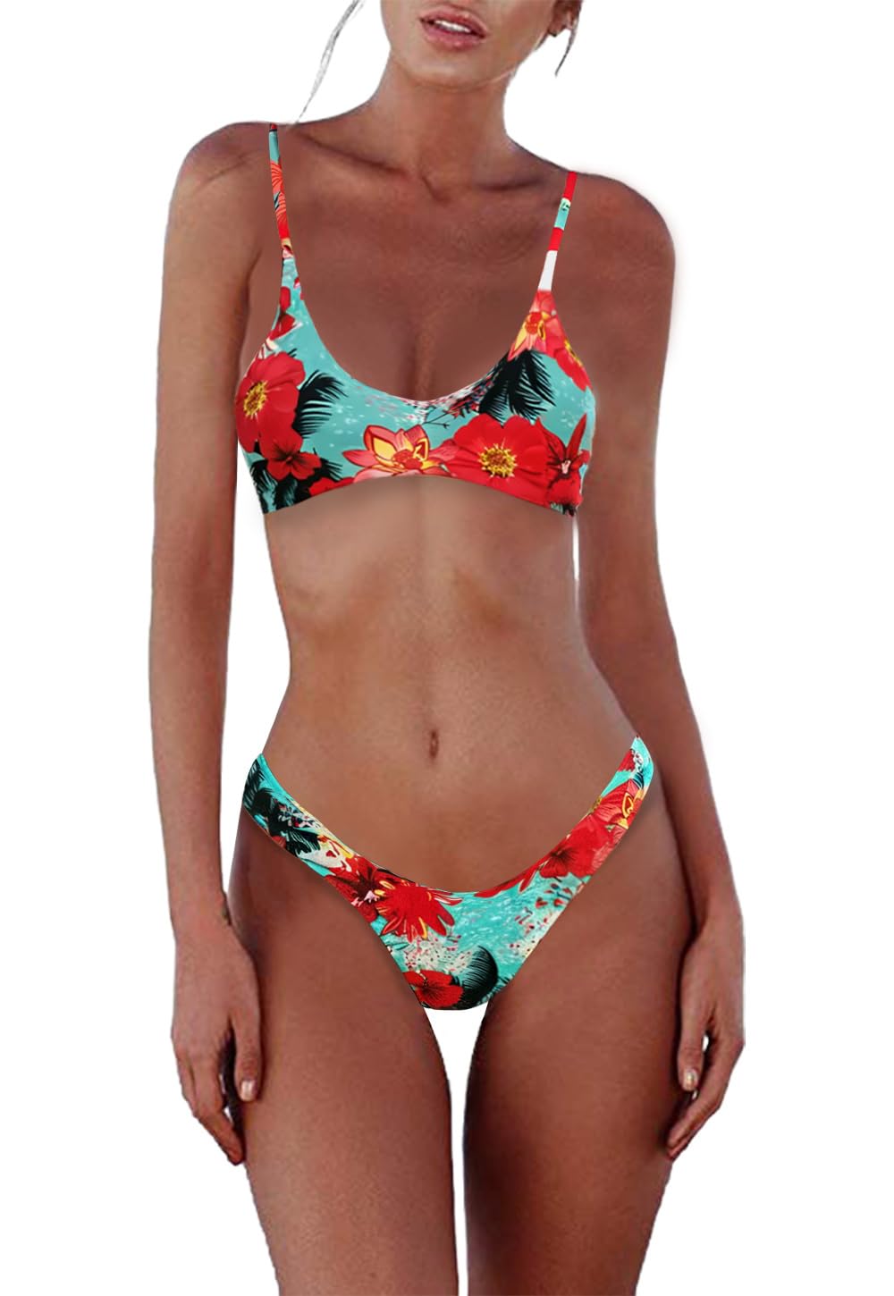 SherryDC Women's Solid Scoop Neck Push Up Padded Brazilian Thong Bikini Swimsuit Bathing Suit