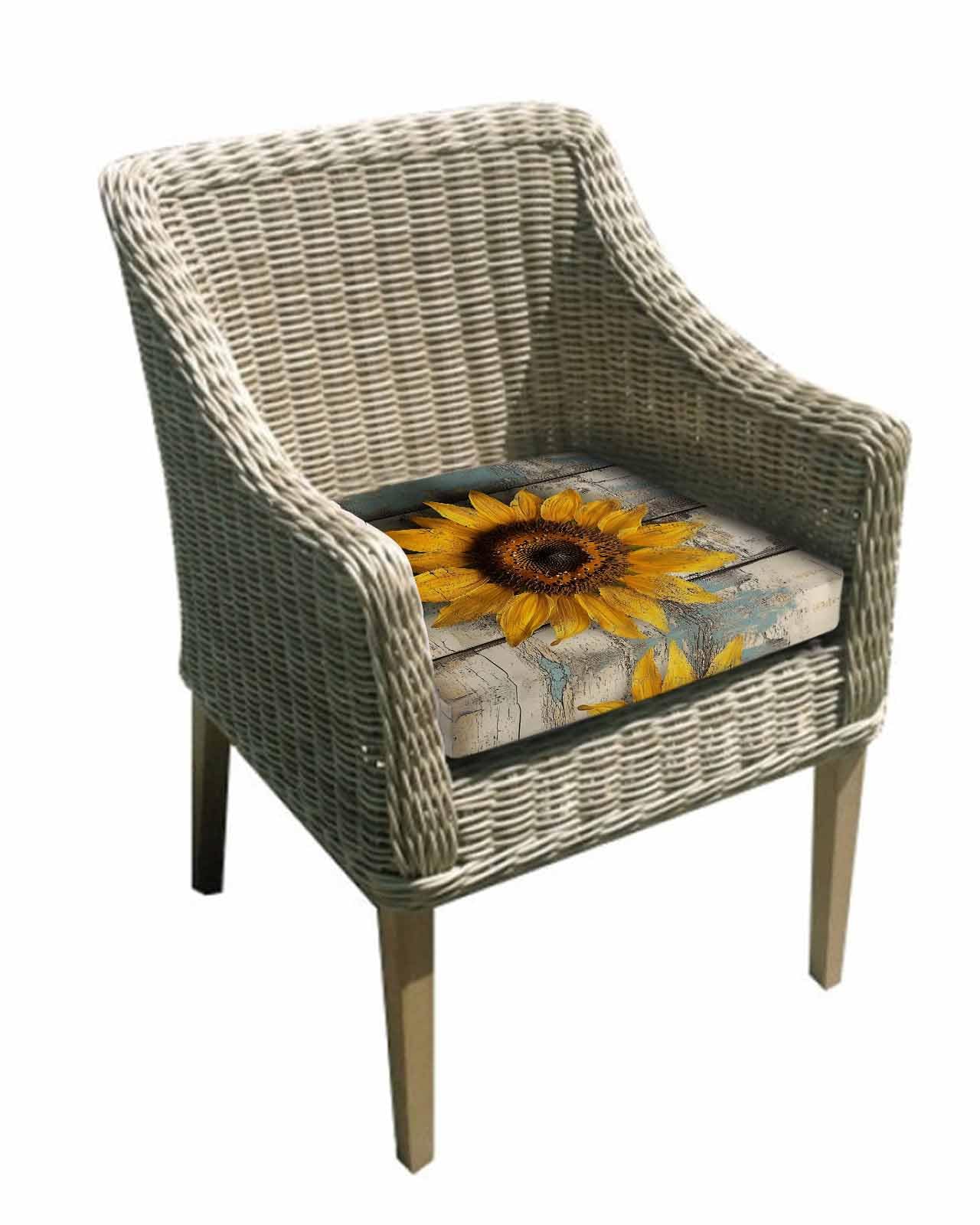 2 Pack Yellow Sunflower Waterproof Cushion Covers with Ties, Outdoor Patio Chaise Lounge Chair Seat Cushion Slip Covers Replacement(Only Cover) Summer Flower Floral Wooden Grain 20